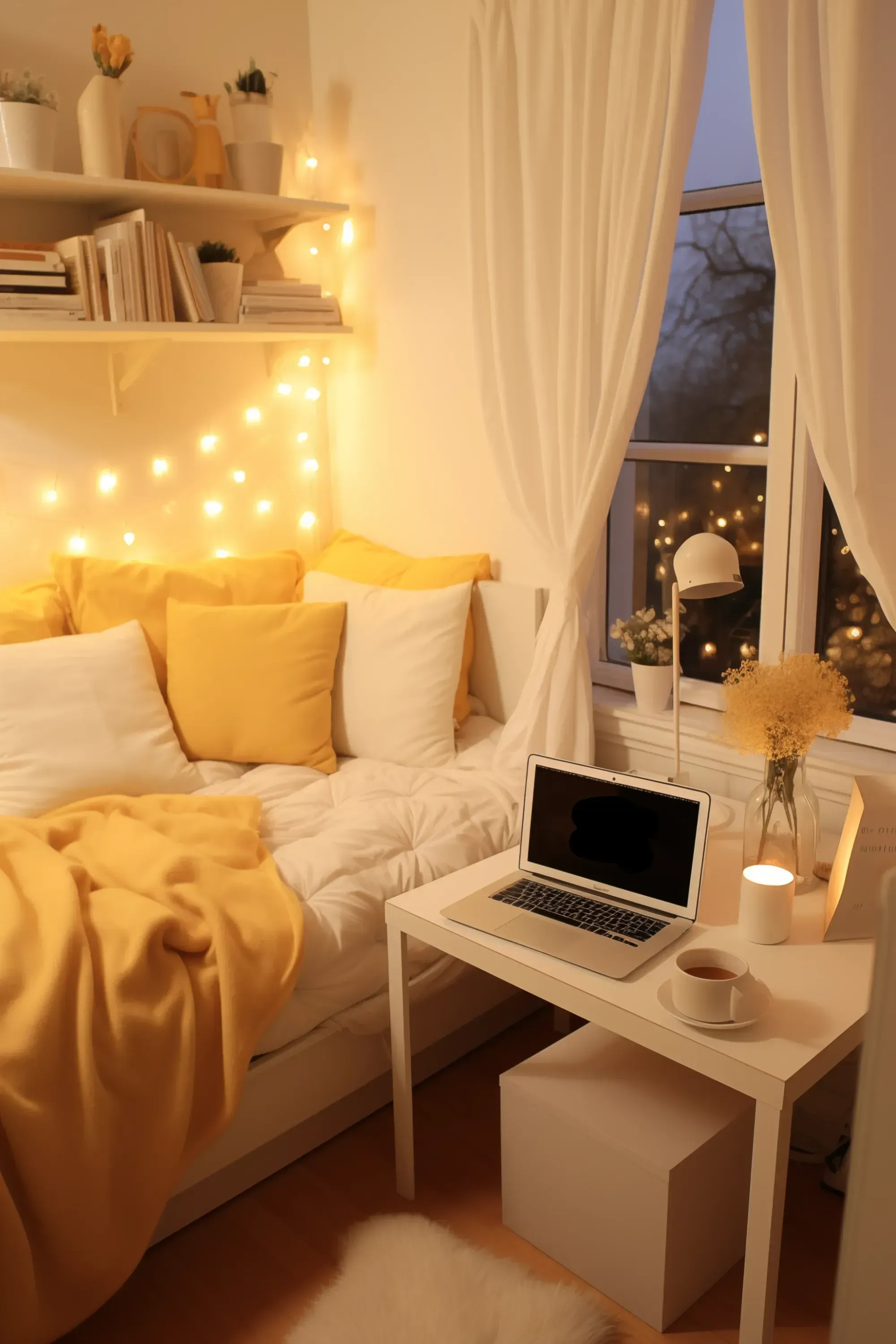 A yellow and white themed bedroom