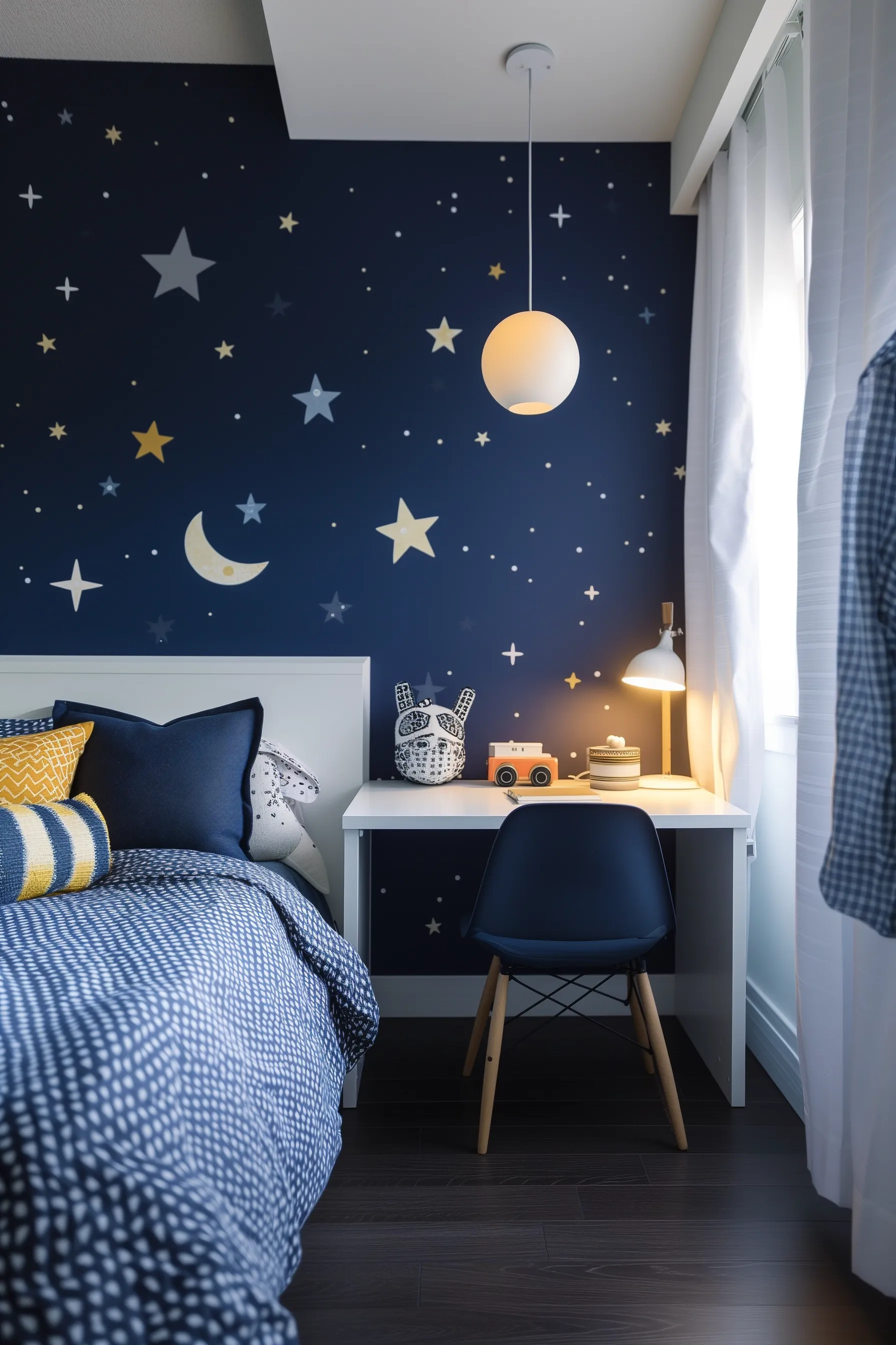  the bedroom features colourful star wall murals and dark furniture, with a white desk in the corner, in the style of dark navy and light indigo, whimsical sci-fi, vancouver school, dark white and light white, multi-layered