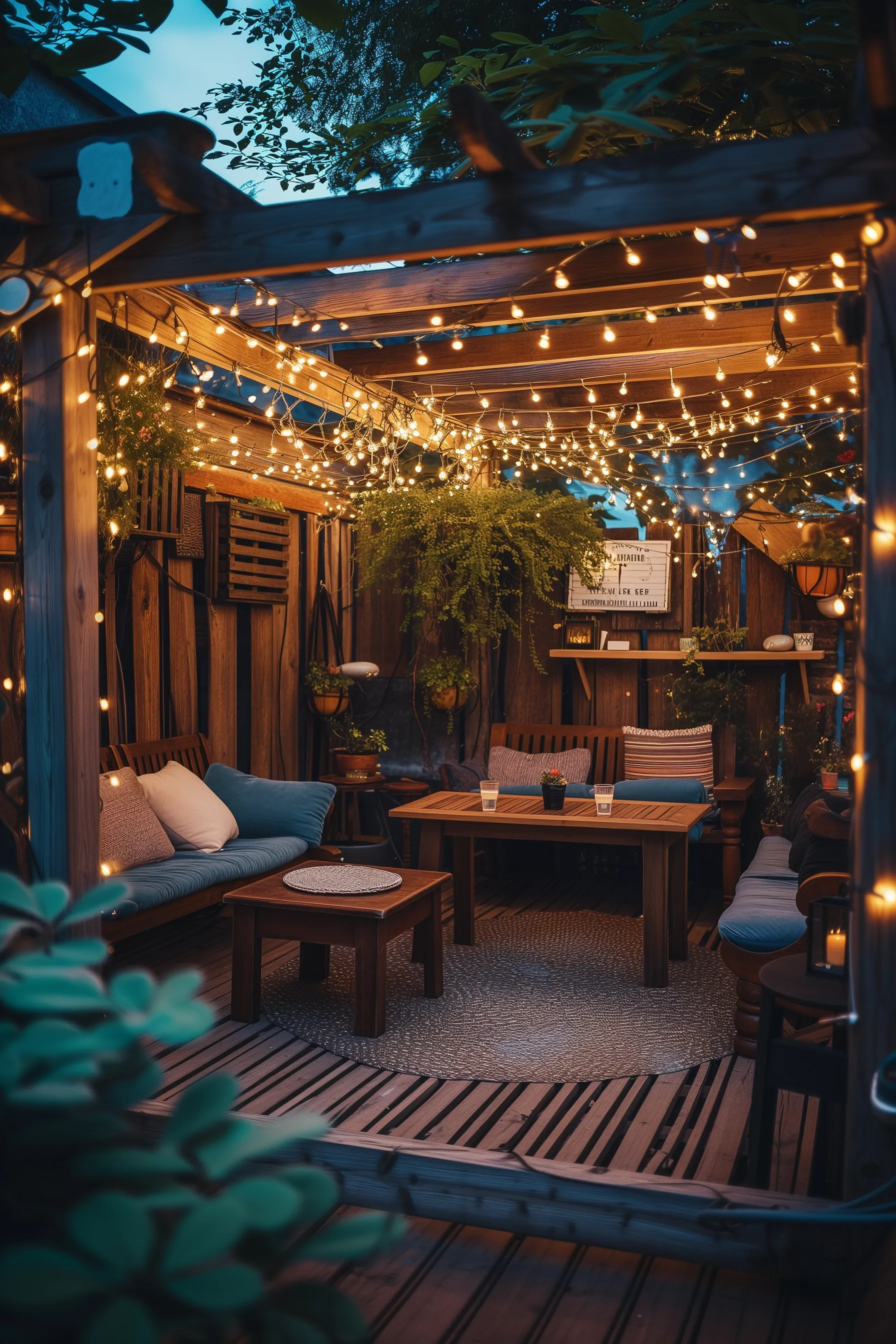 An aesthetic outdoor man cave shed with fairy lights and outdoor seating