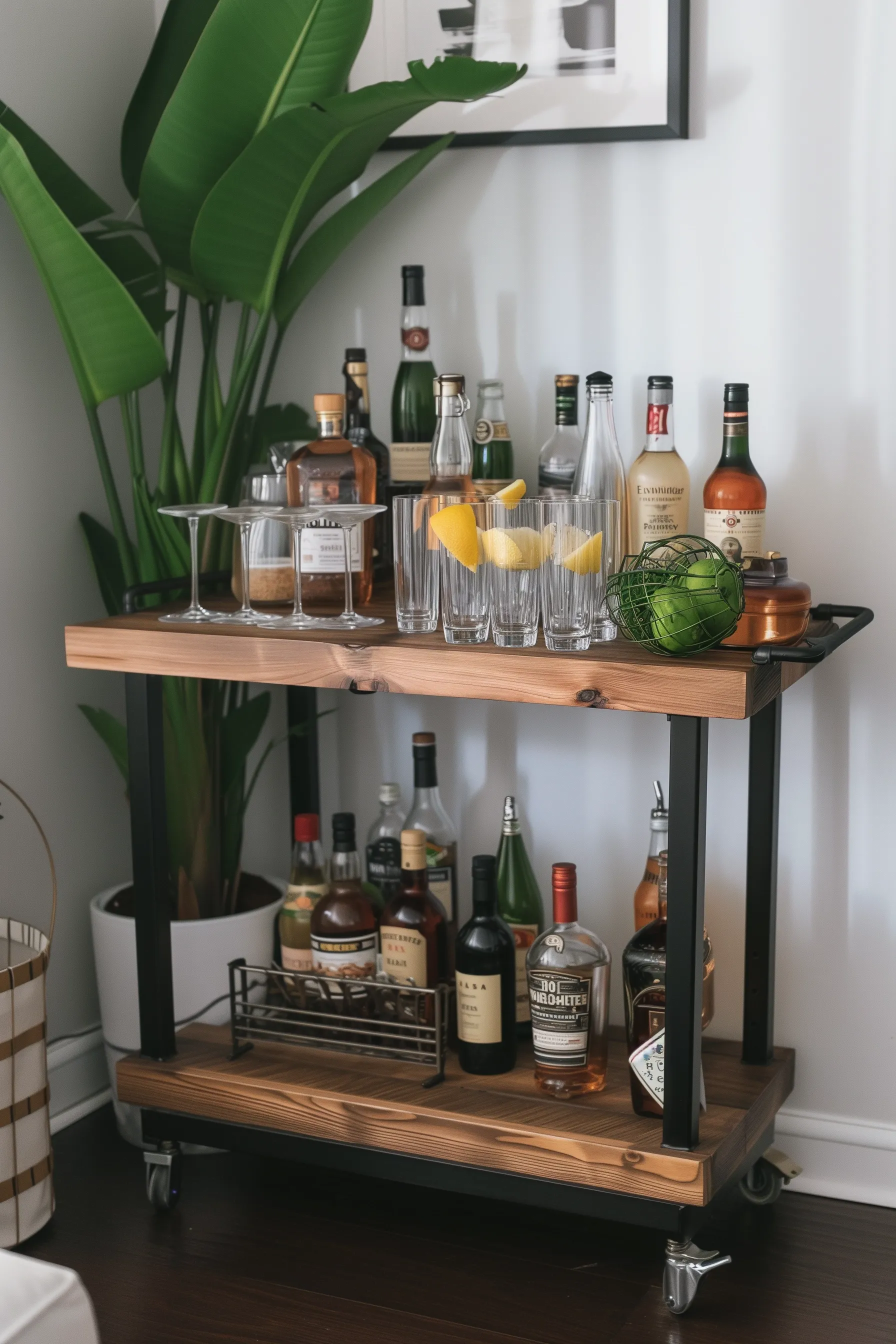 DIY Bar Cart with Shelves and green plants