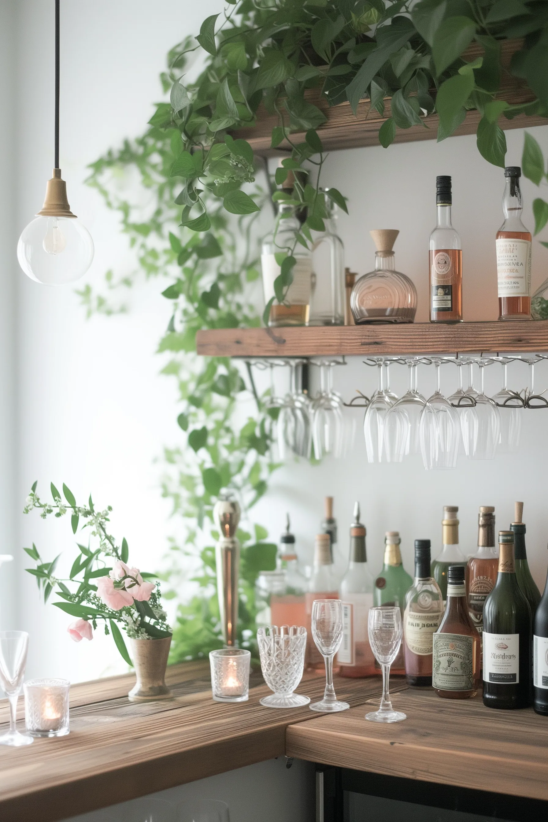 A DIY bar shelf gold accents and plants