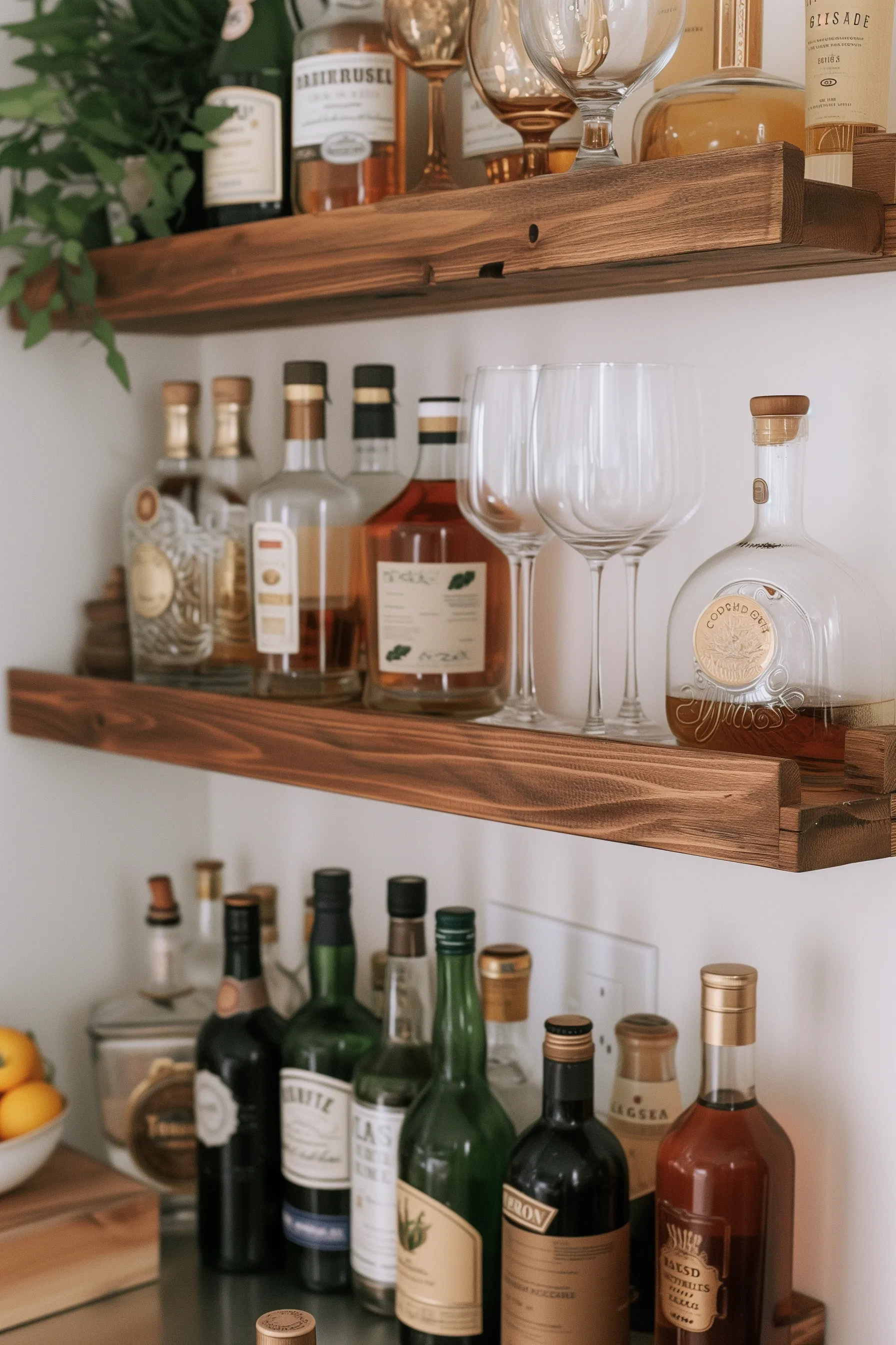 DIY wooden tiered bar shelves