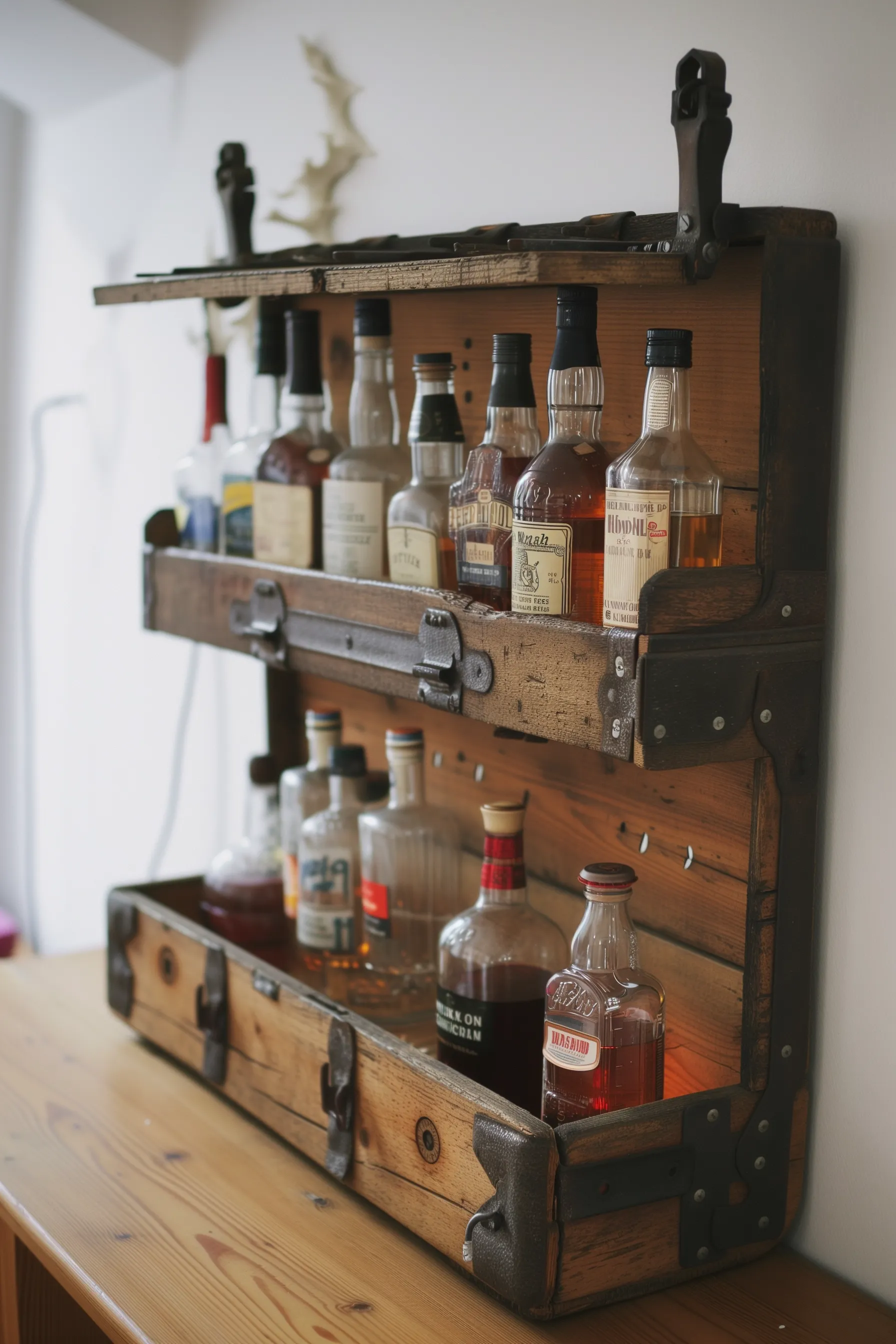 A DIY vintage trunk bar shelf