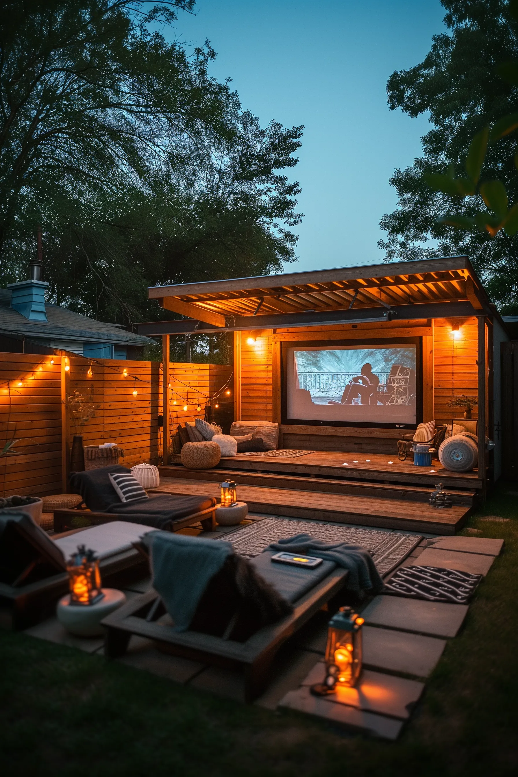 An outdoor house with a tv and lights