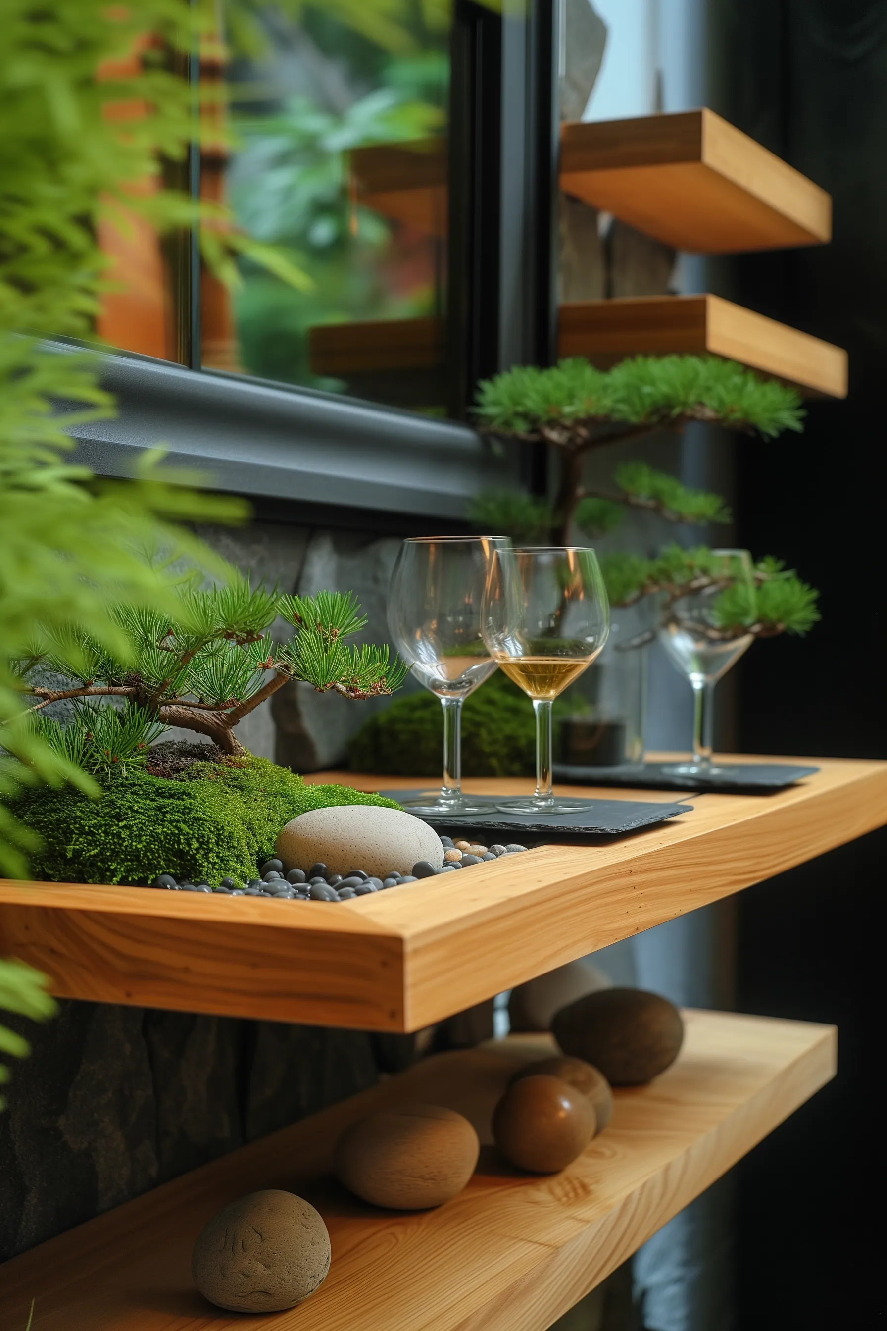 a DIY Bar Shelf with a zen garden theme