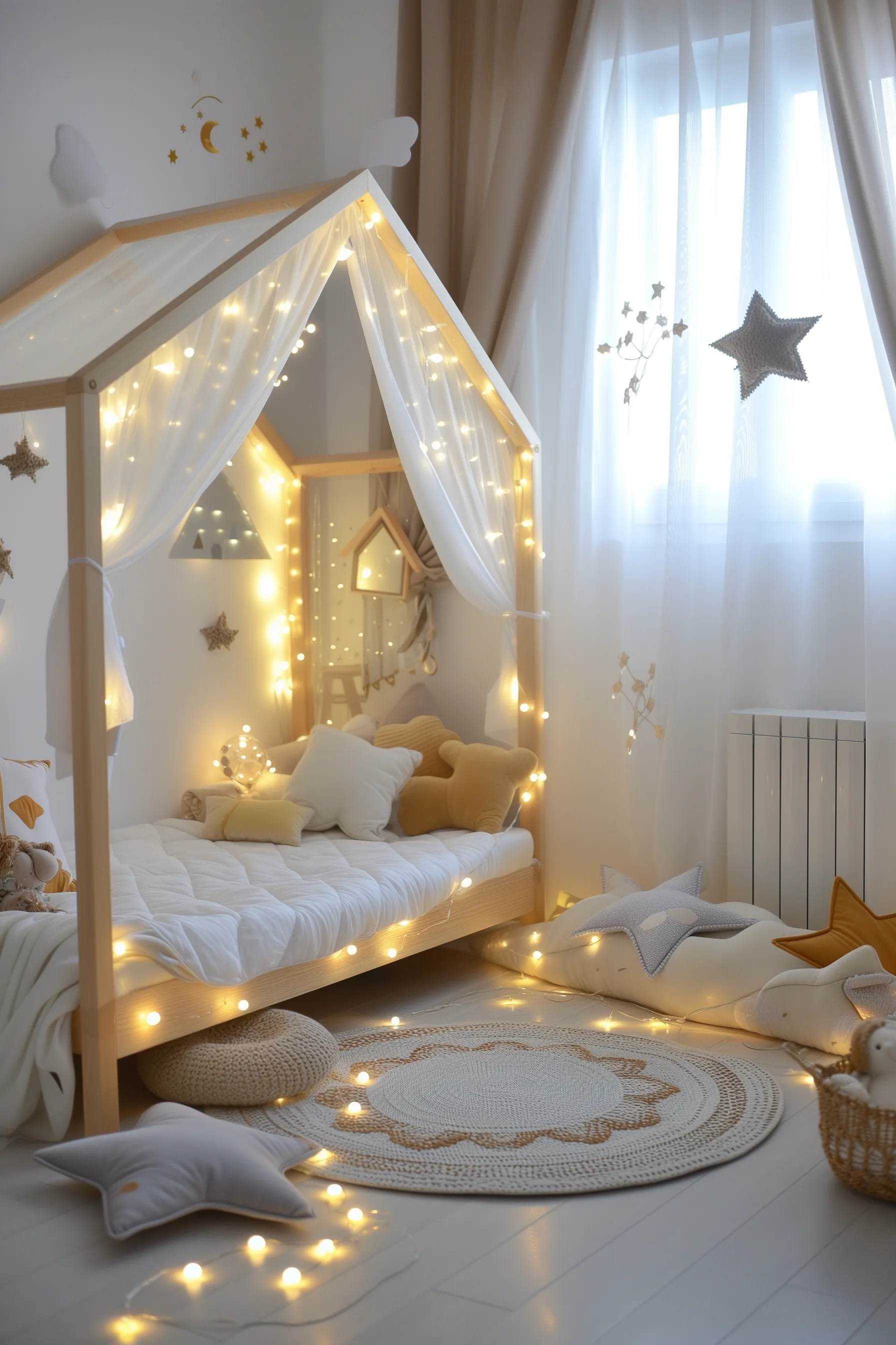 Fairy lights in a white space themed bedroom