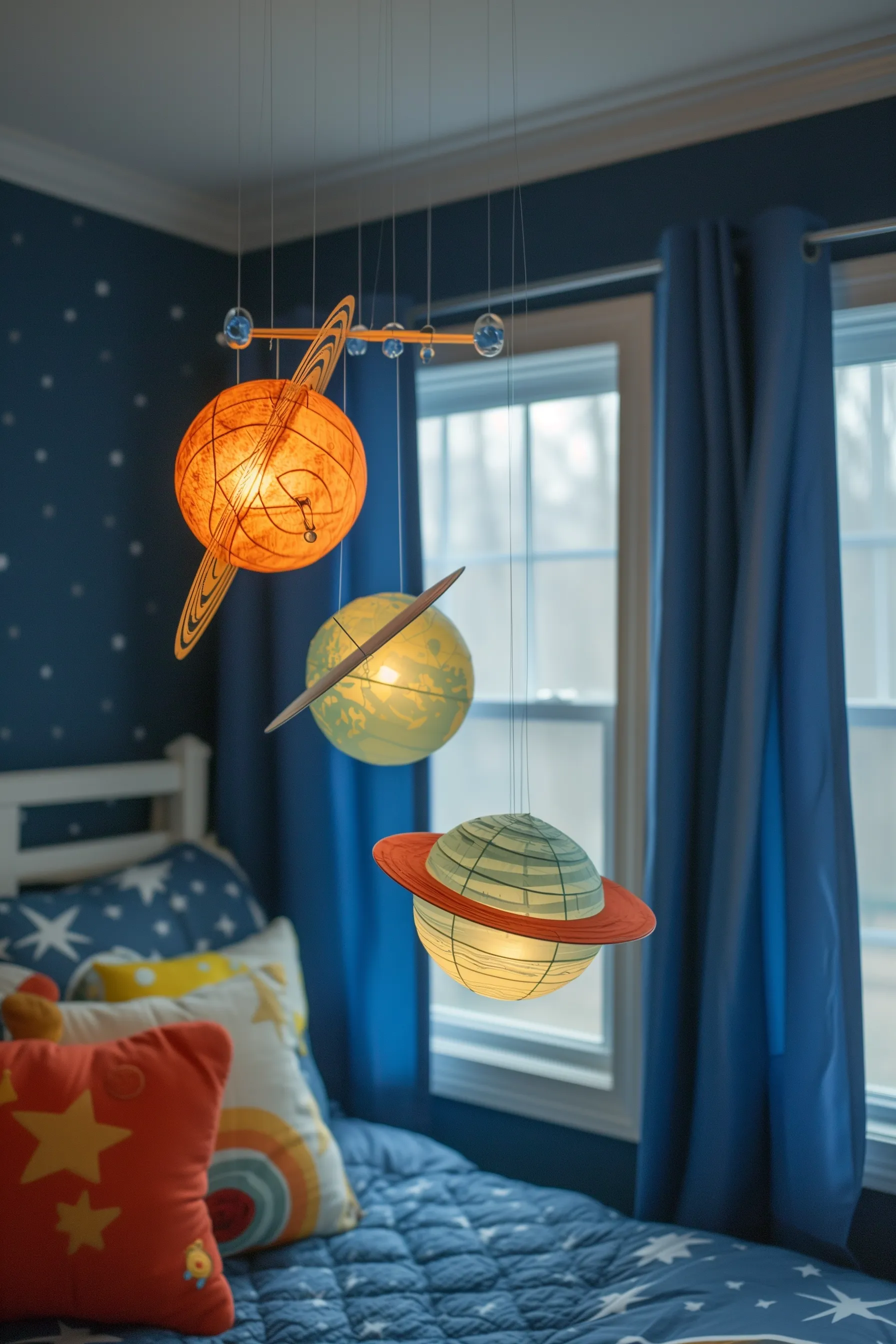 A space themed bunk bed with planets painted on it