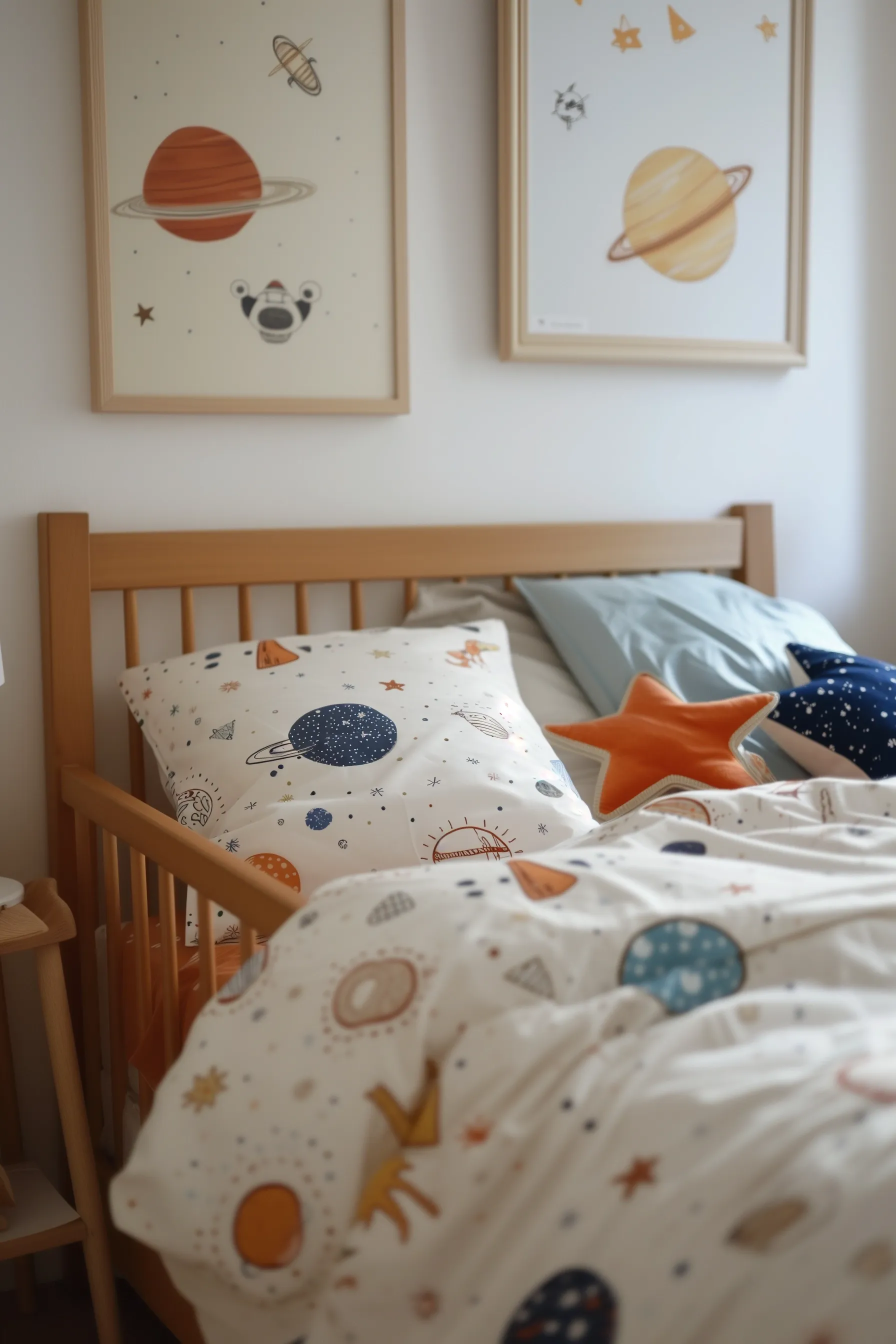A space bedroom with space themed bedding