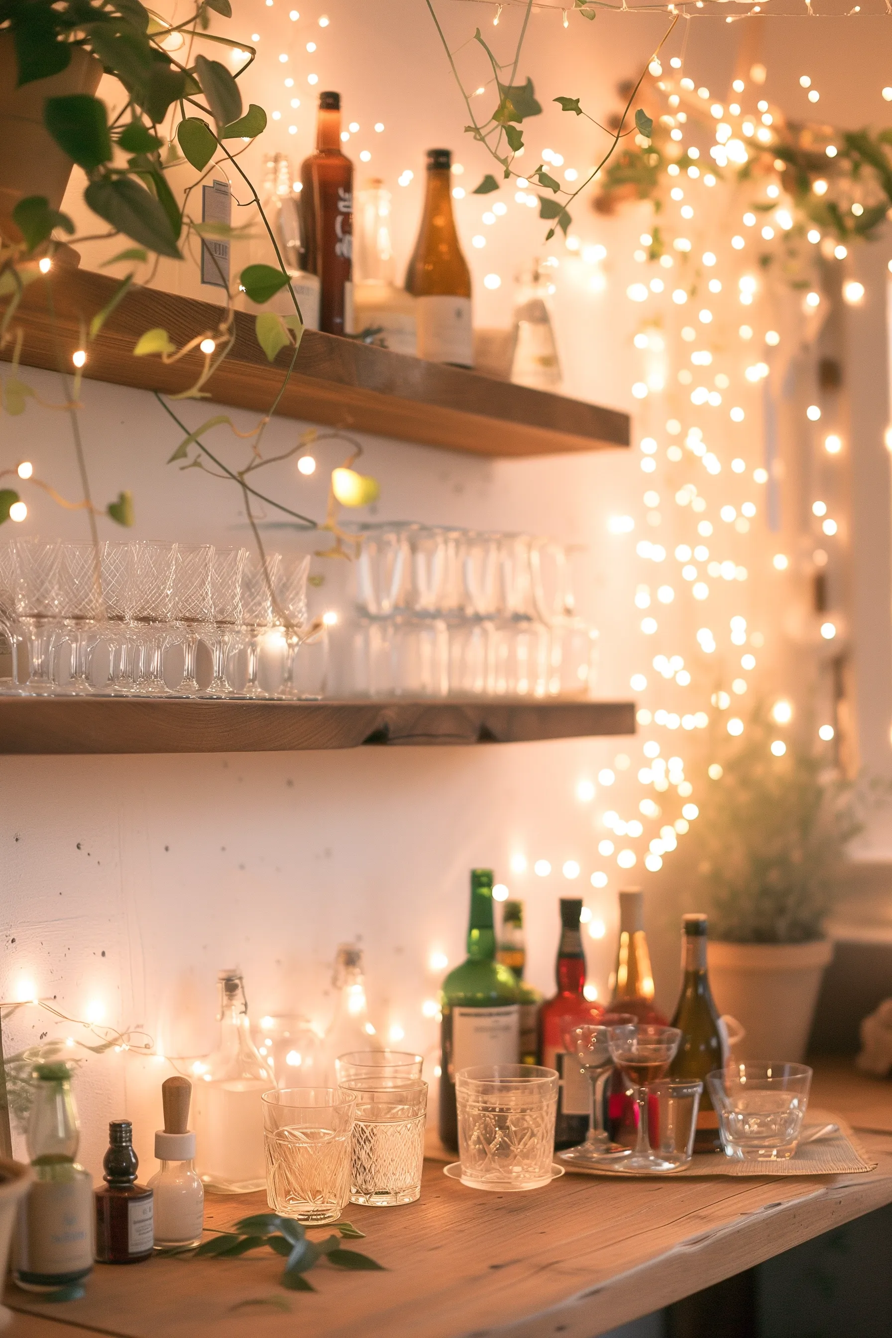 a soft hued modern and aesthetic with small diy bar shelf with fairy lights