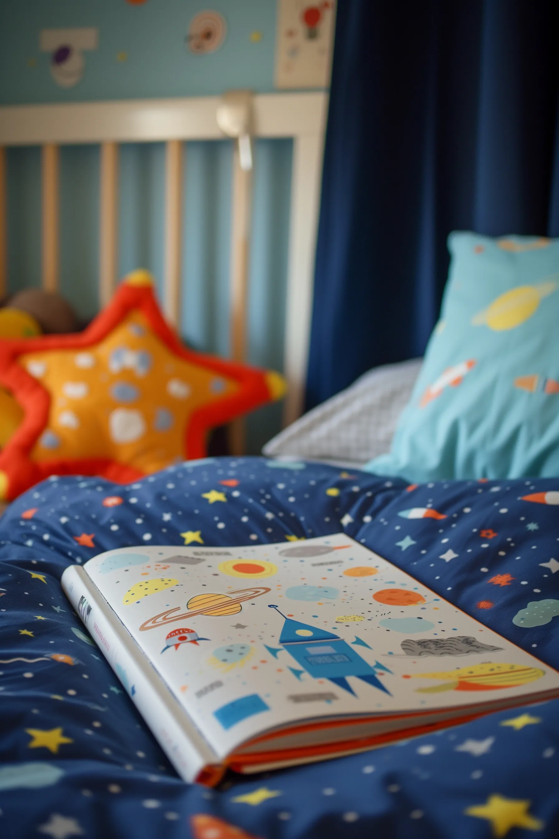 a white and blue space themed bedroom