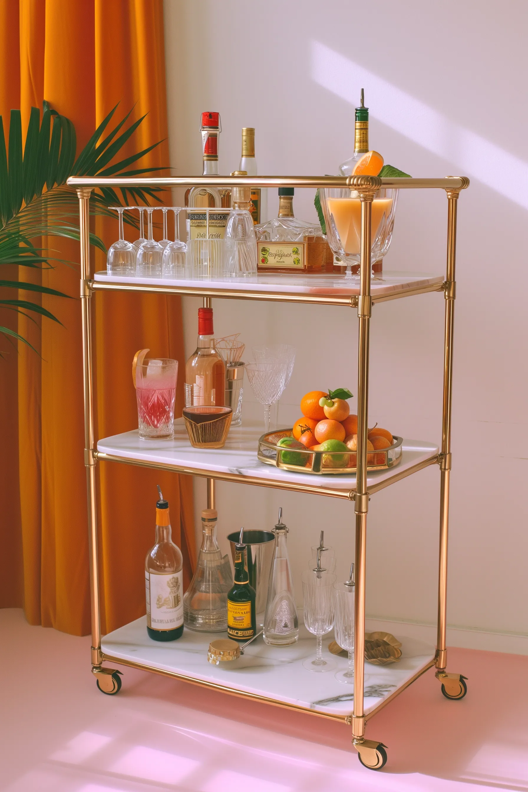 A cute wooden and gold bar cart with plants