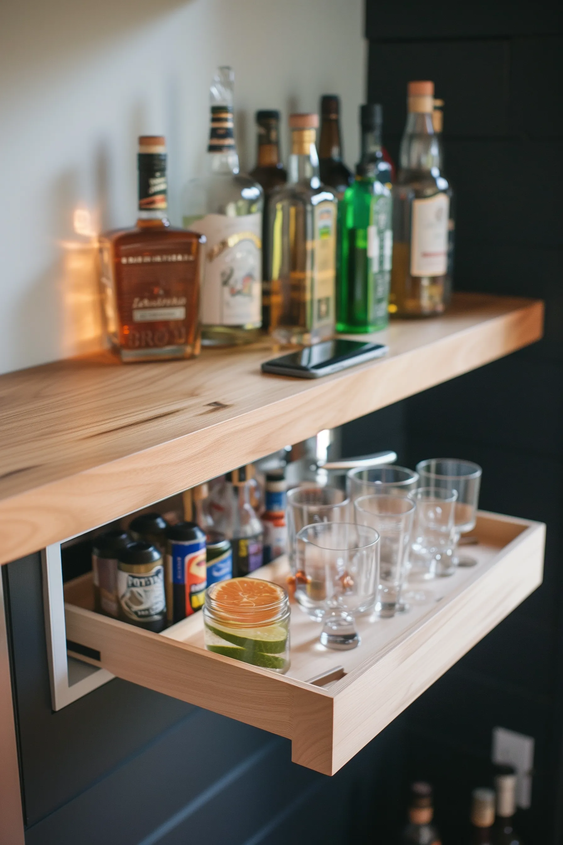 bar shelves with a built in charging station
