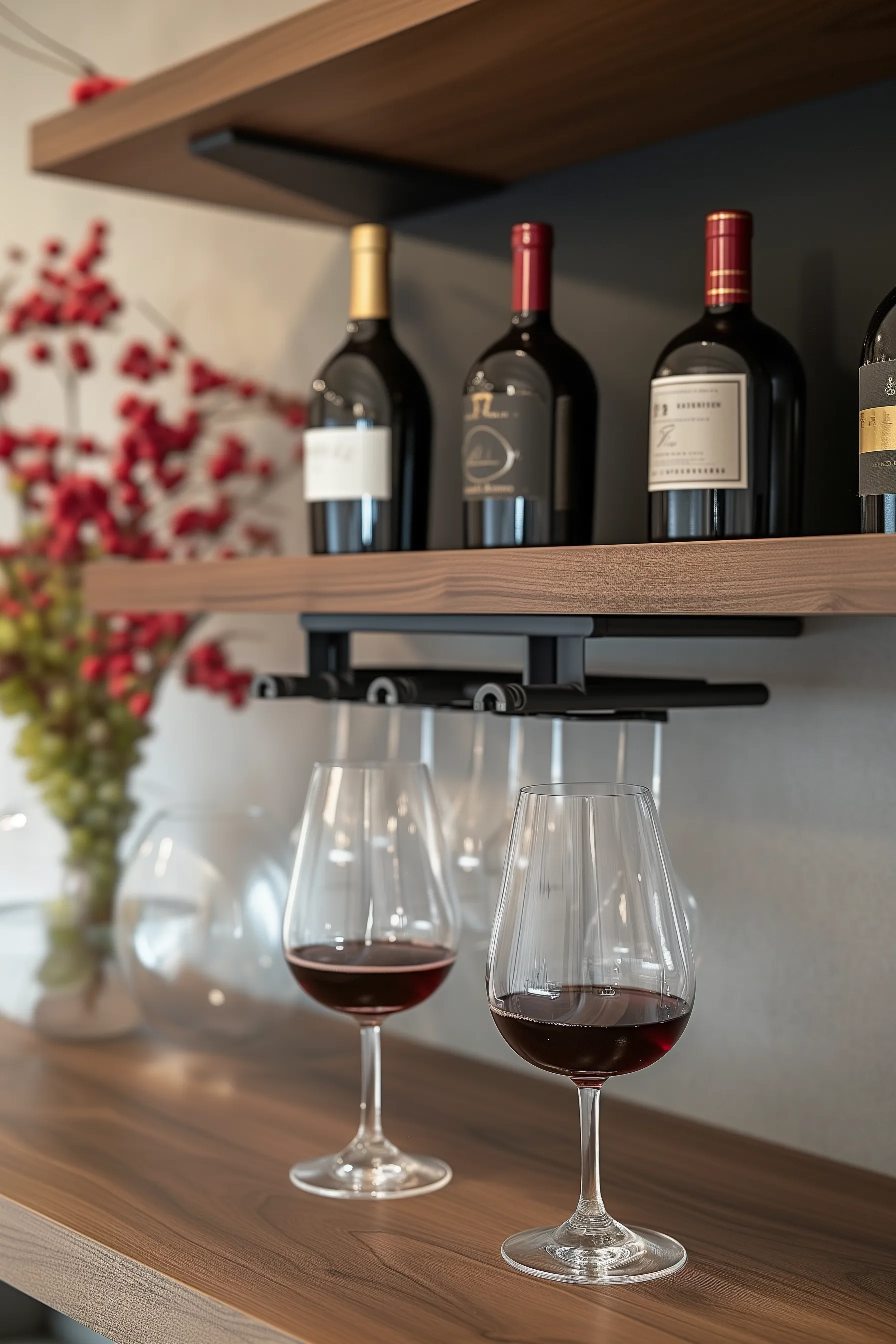 Bar Shelves with Integrated Wine Glass Holders