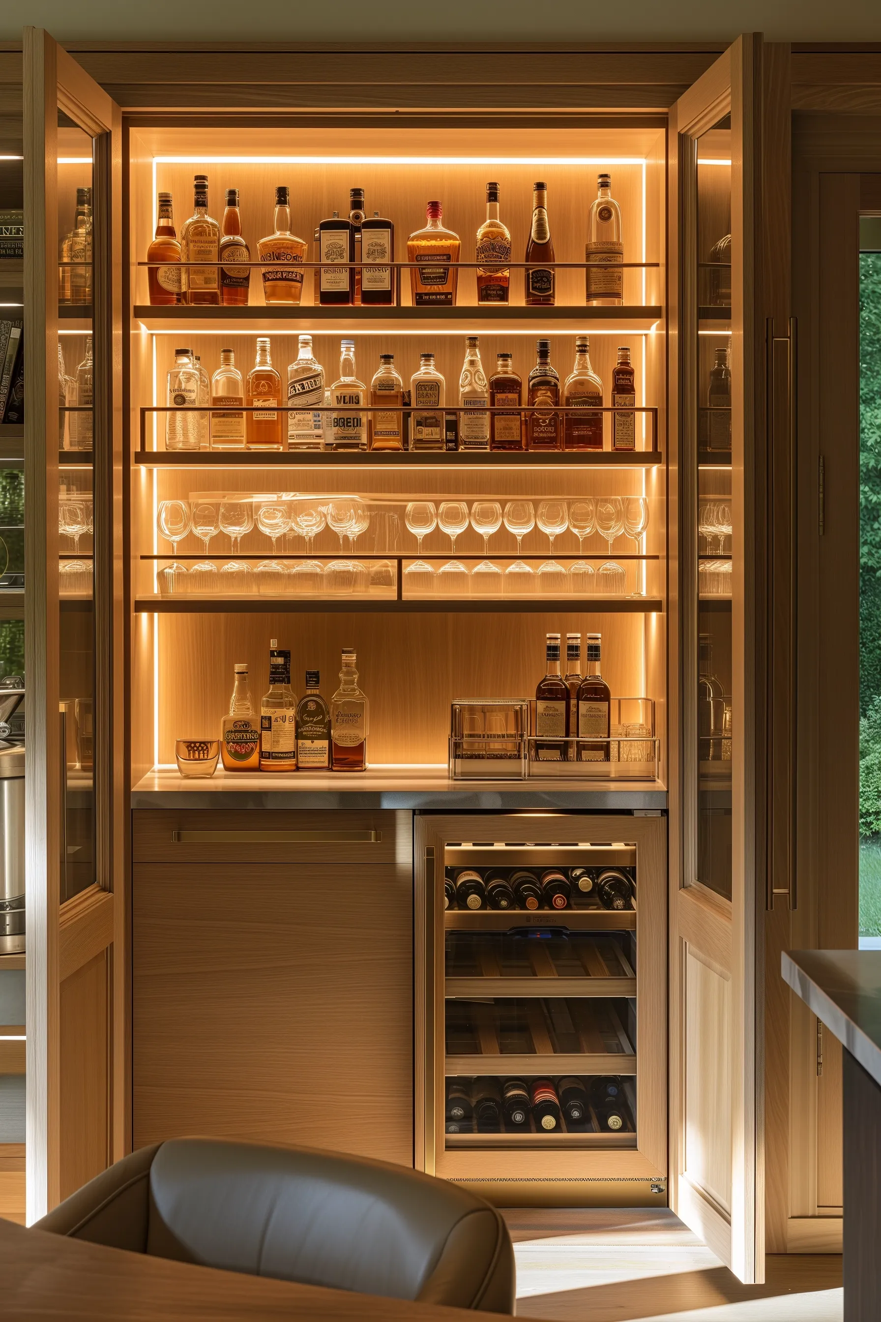 A wooden bar shelf with hidden storage