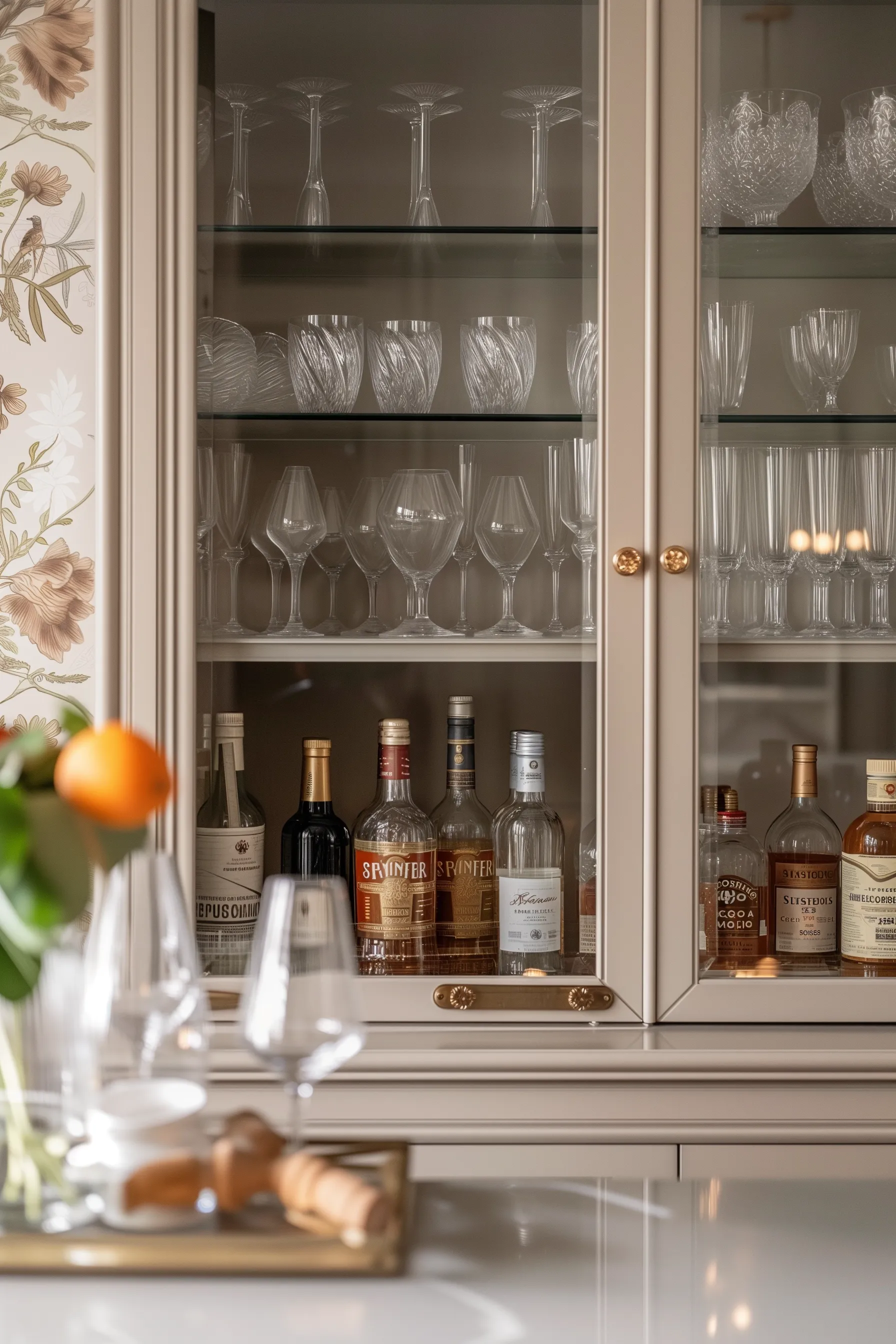 At home aesthetic bar shelves with glass doors