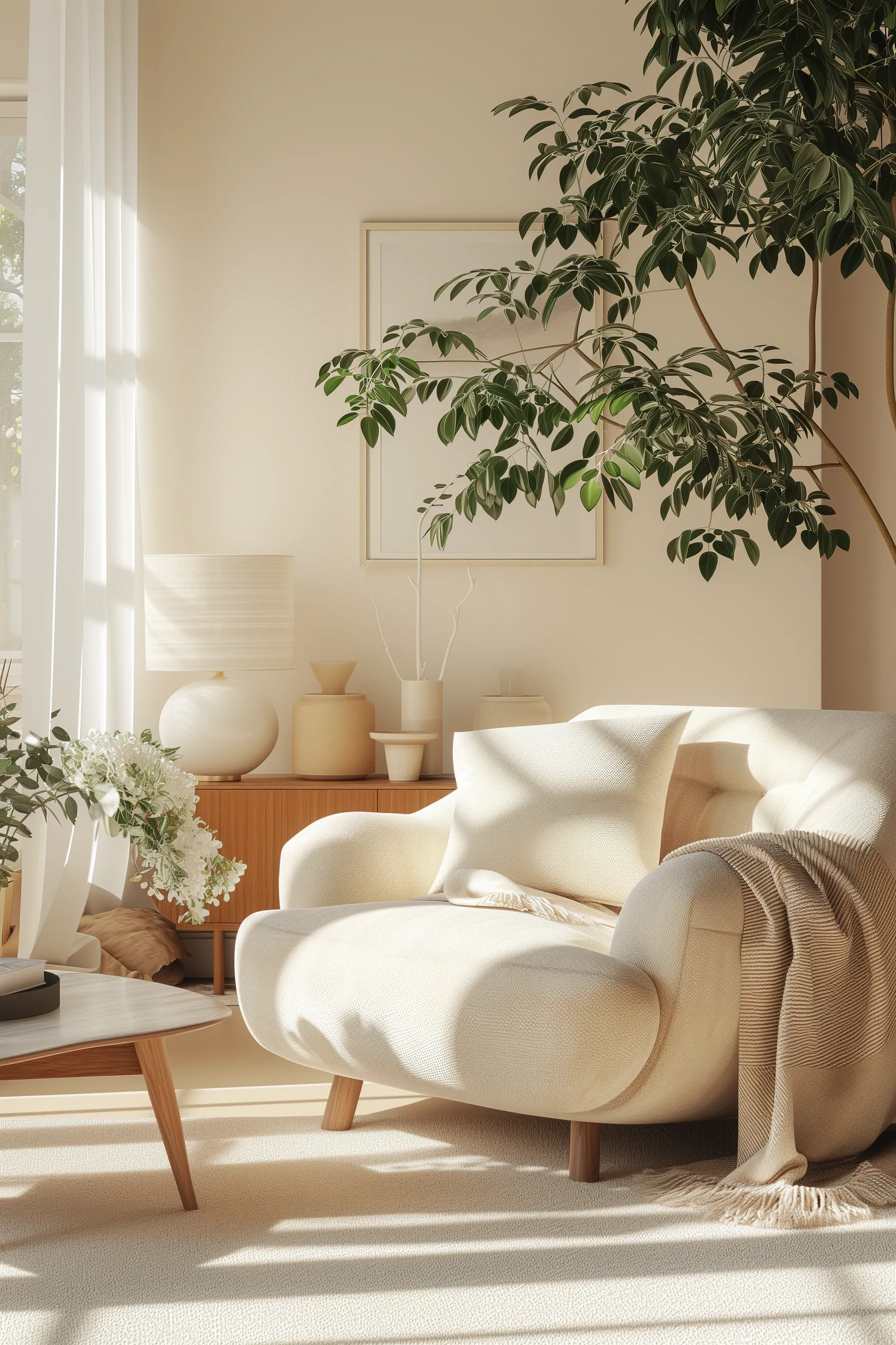 White boho throw pillows on a grey couch