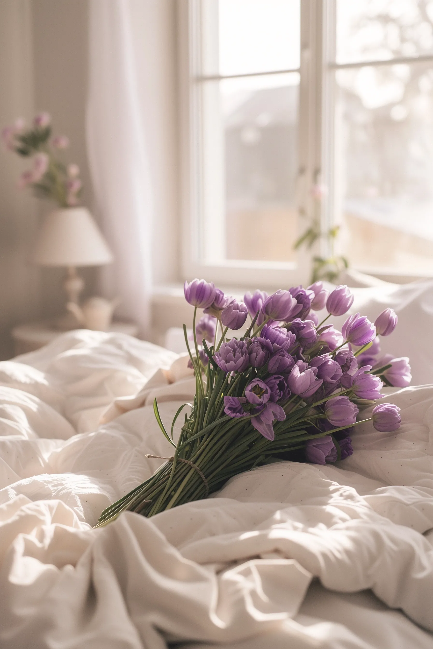 purple flowers in bedroom