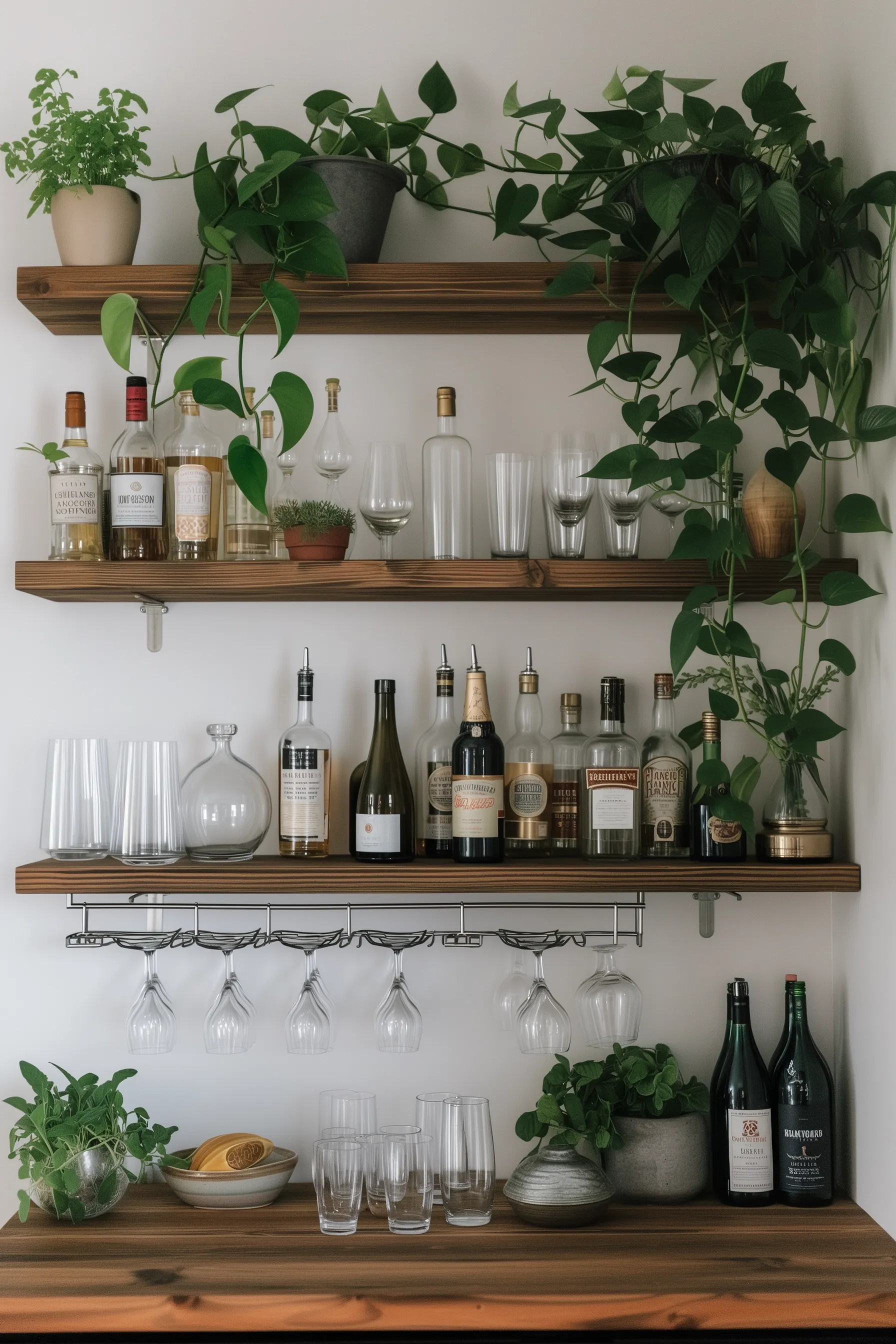 A bar shelf with integrated planters