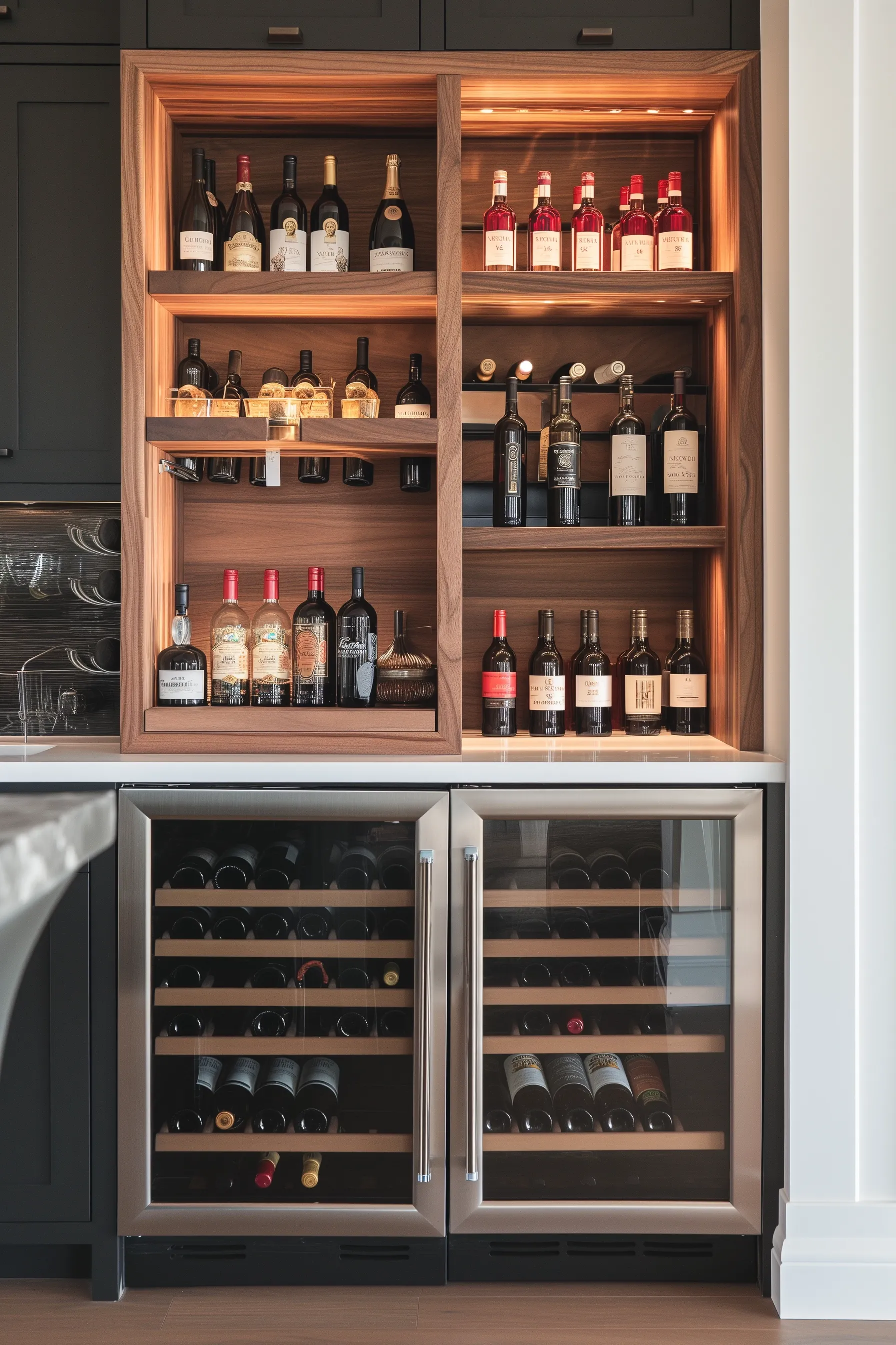 Wooden bar shelves with a built in wine refridgerator