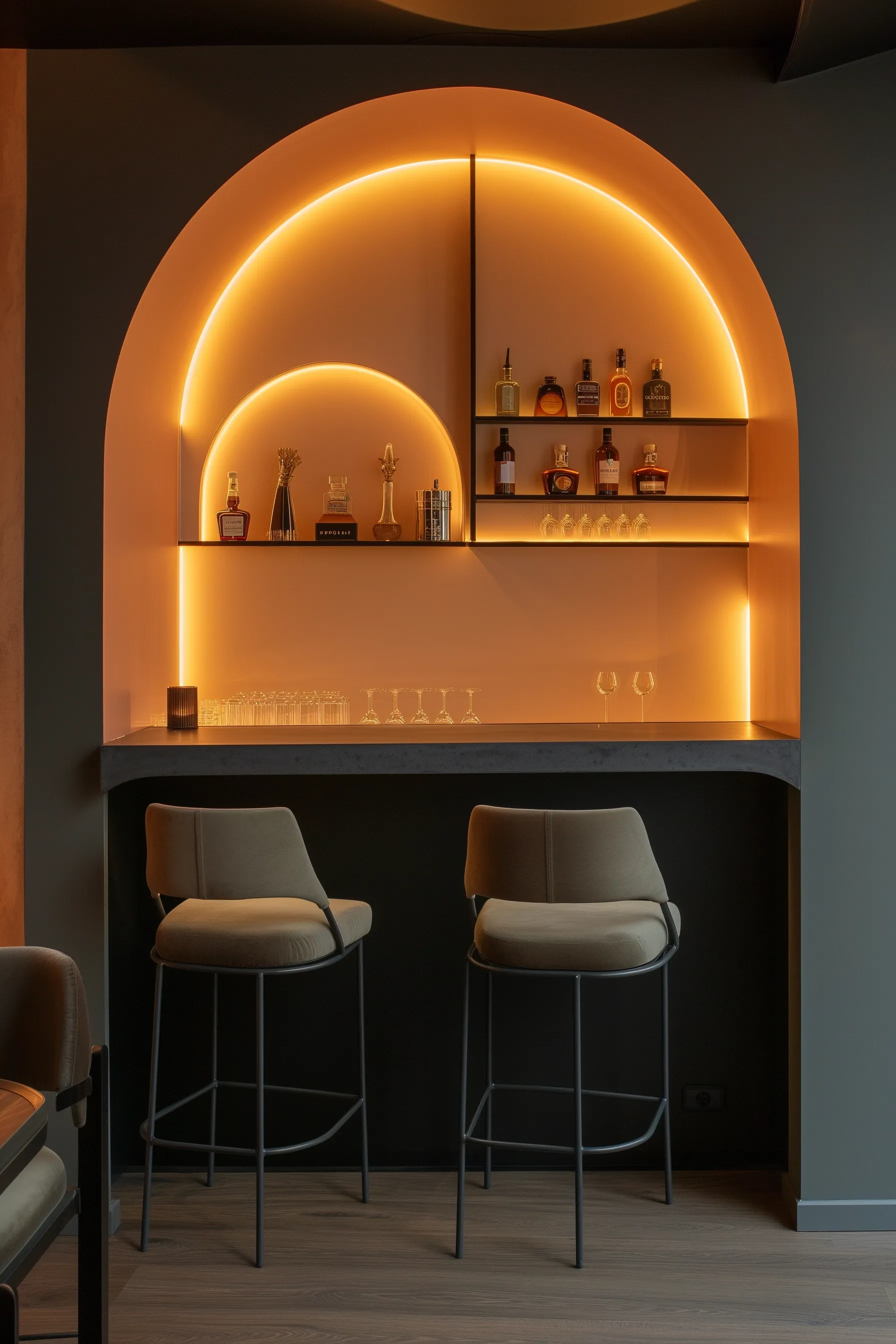 A circular bar shelf with LED lights