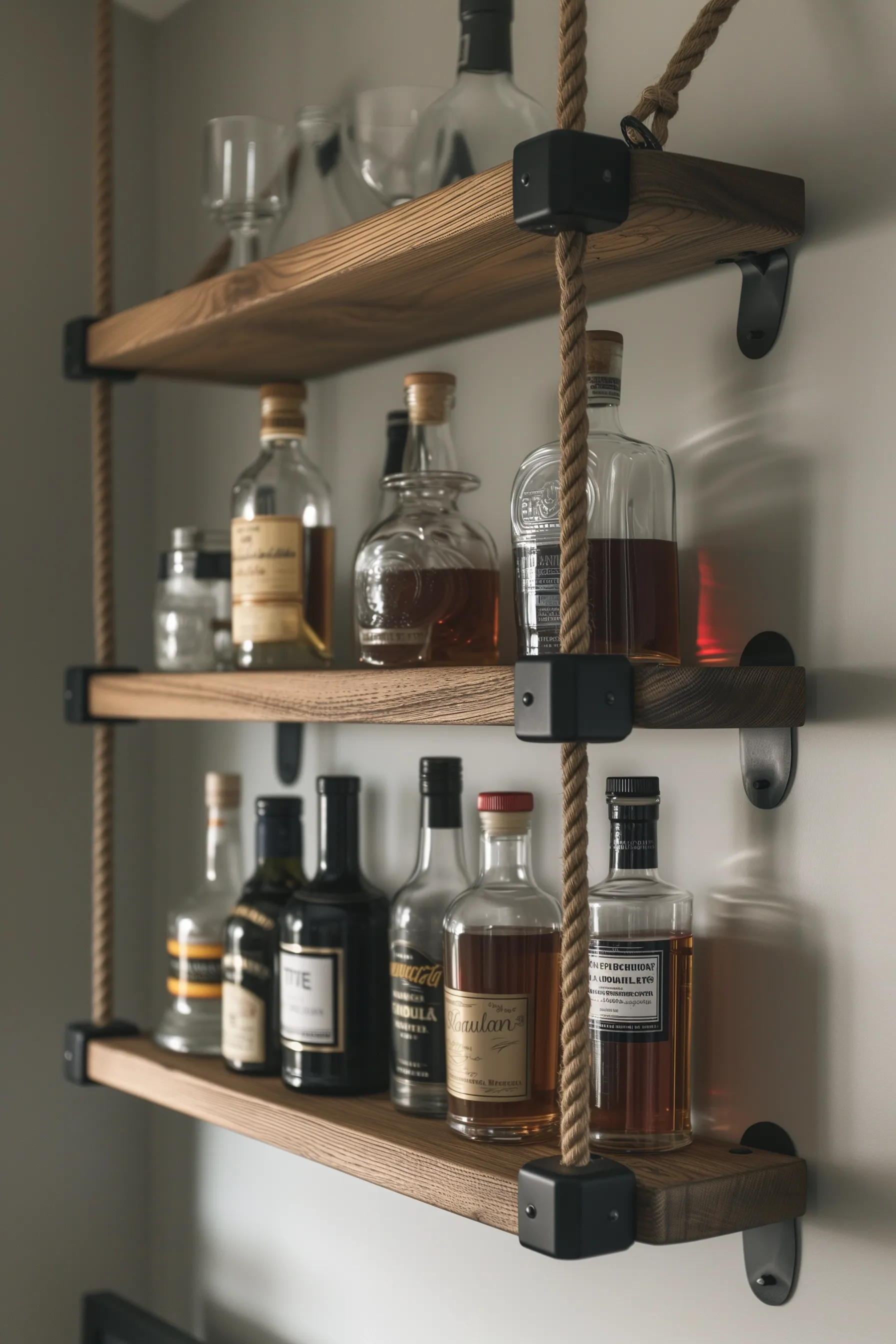 A floating ladder style bar shelf with rope