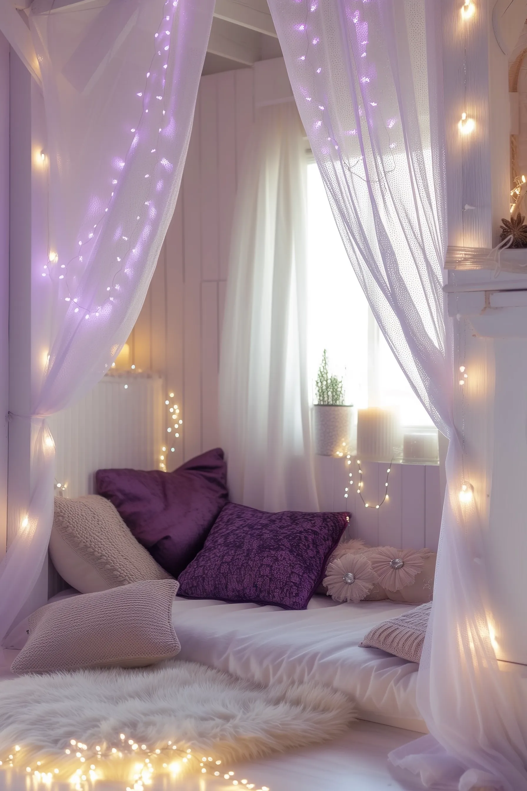 Purple and white reading nook