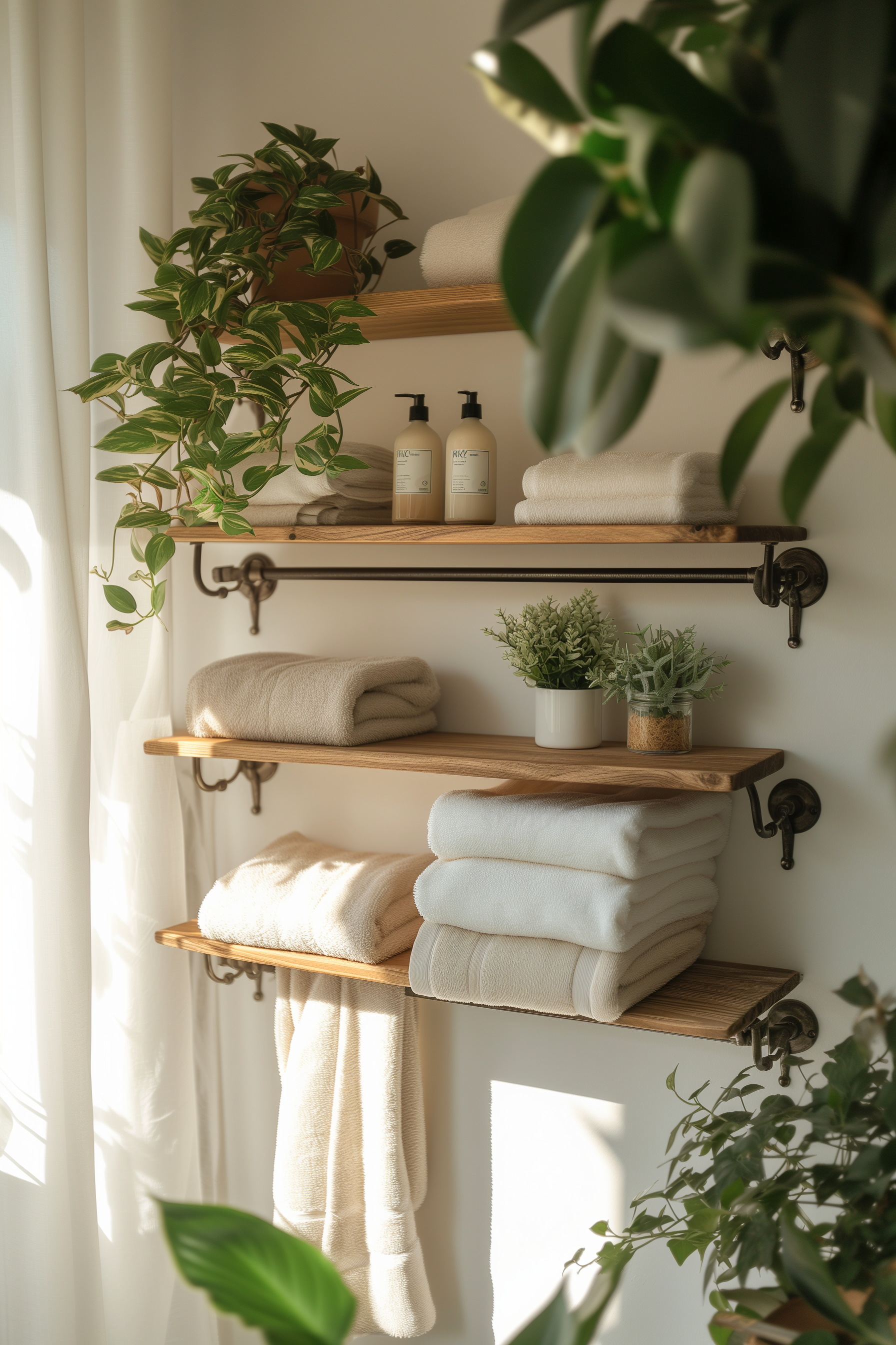 Bathroom shelving with iron pipes