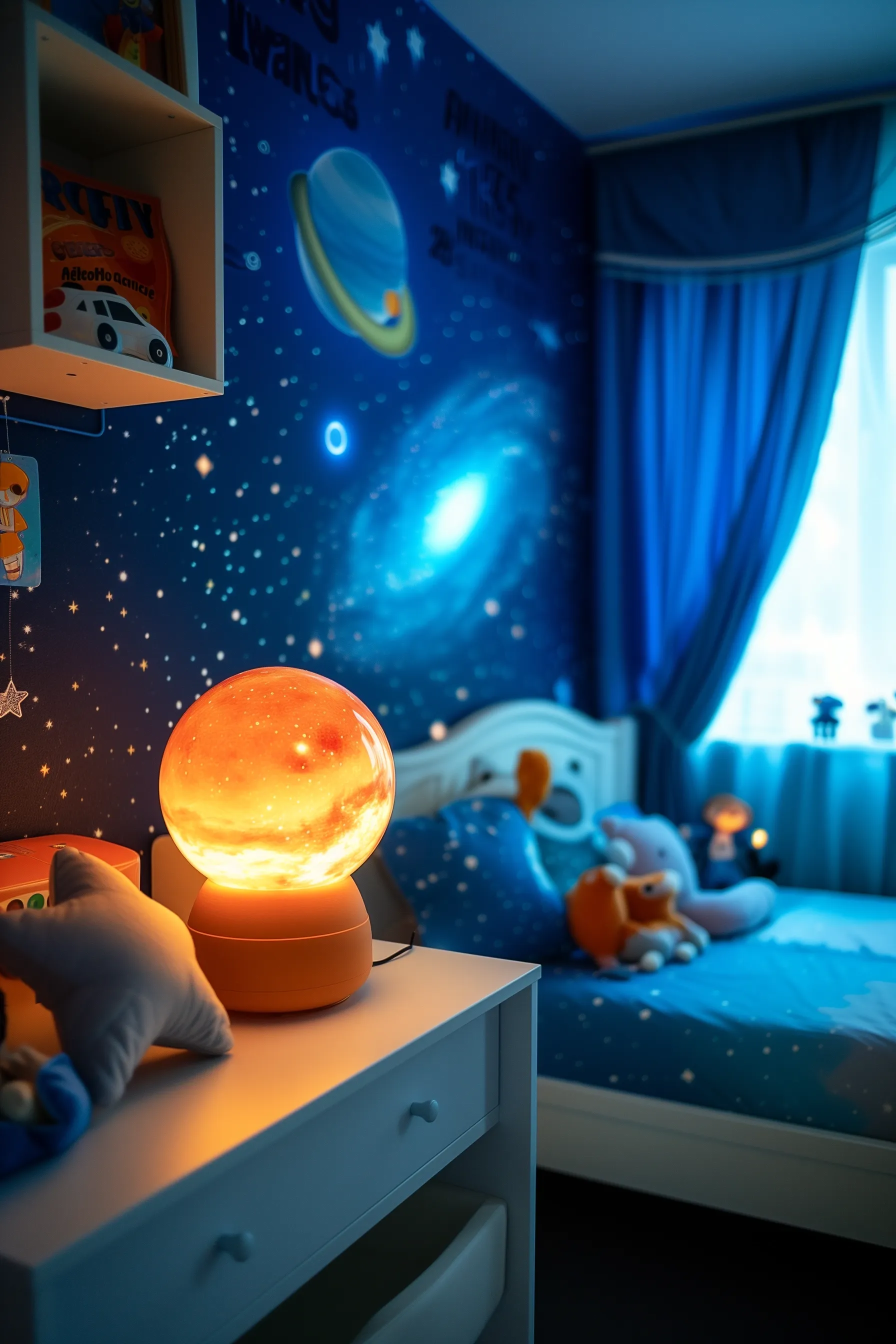 A galaxy lamp in a space bedroom