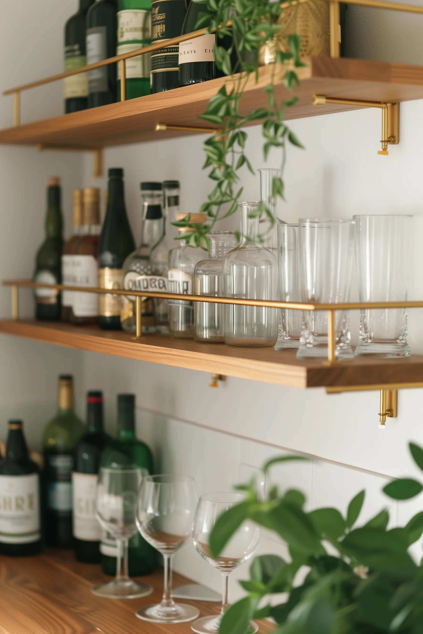 Bar shelves made out of wood and gold accents
