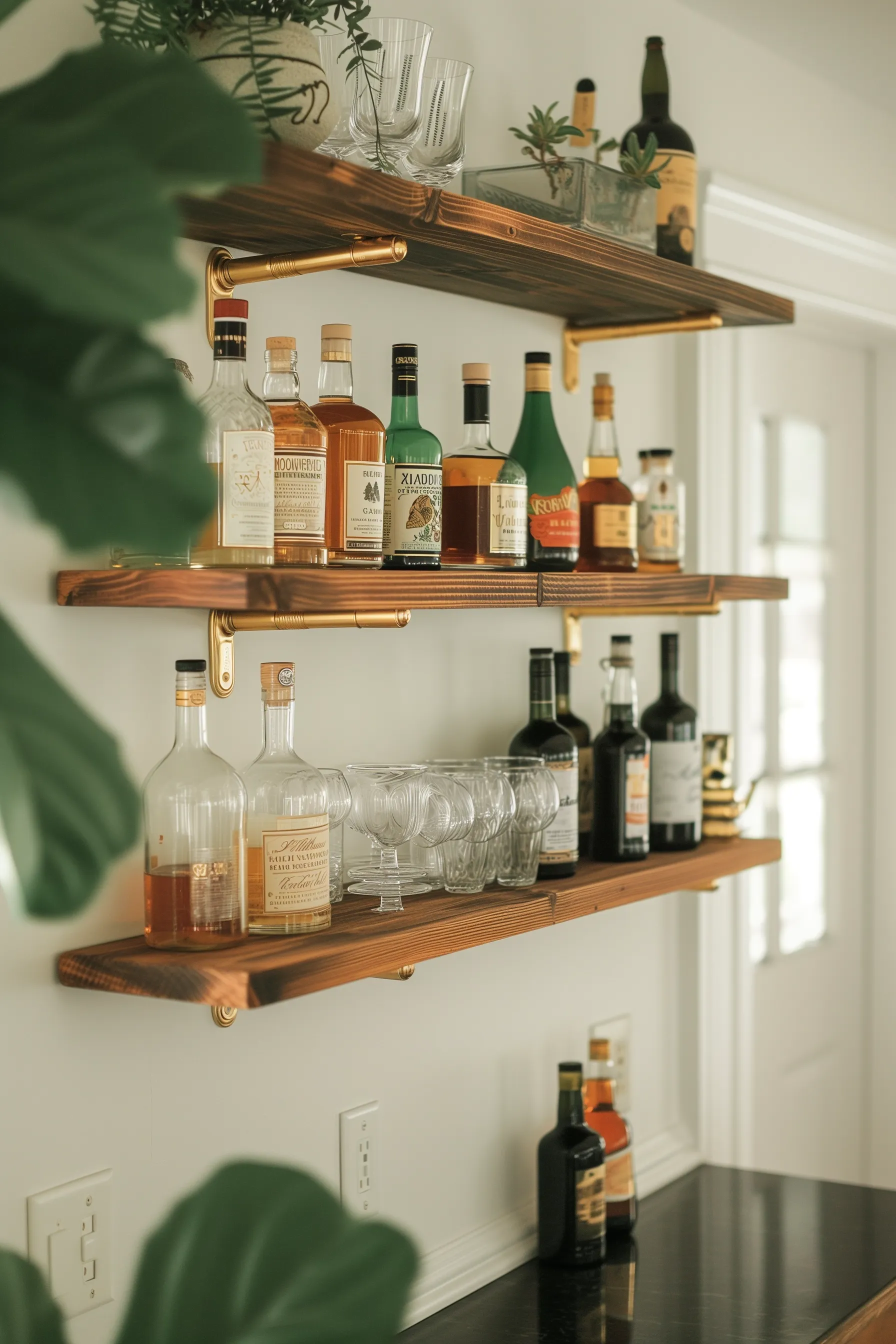 Gold and wooden bar shelves