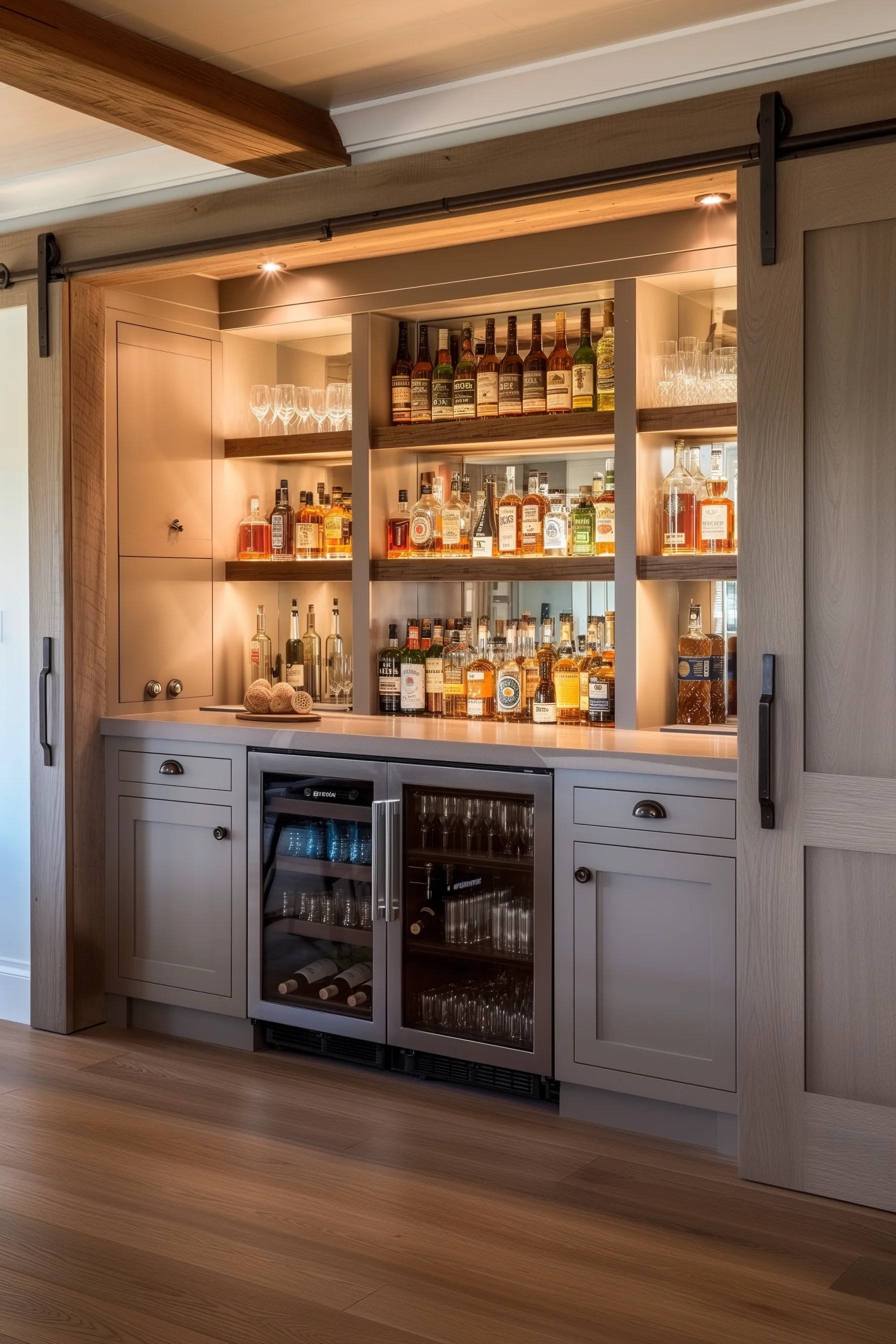 A wooden bar with sliding doors