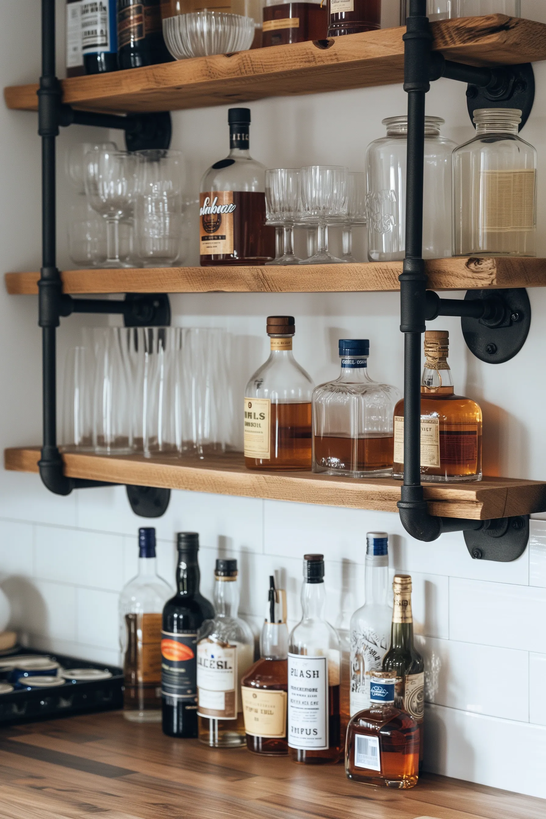 A floating countertop wooden bar shelf