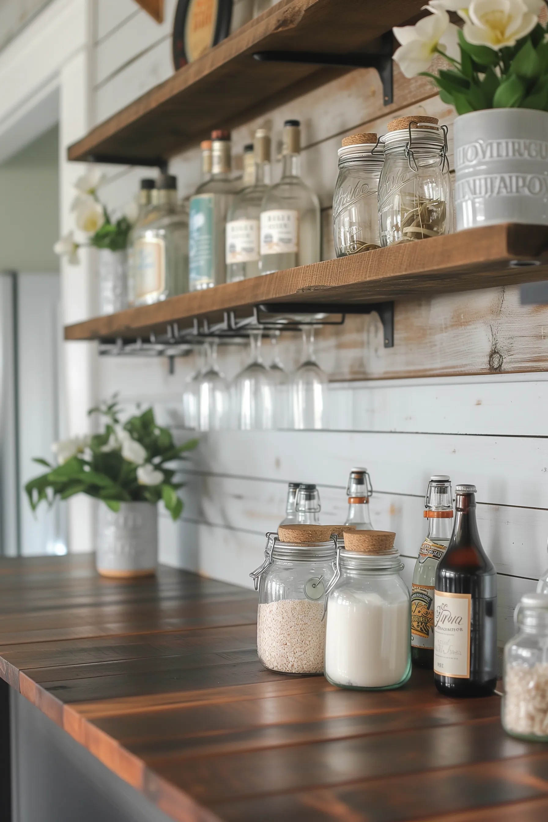 A bar shelf with mason jar storage