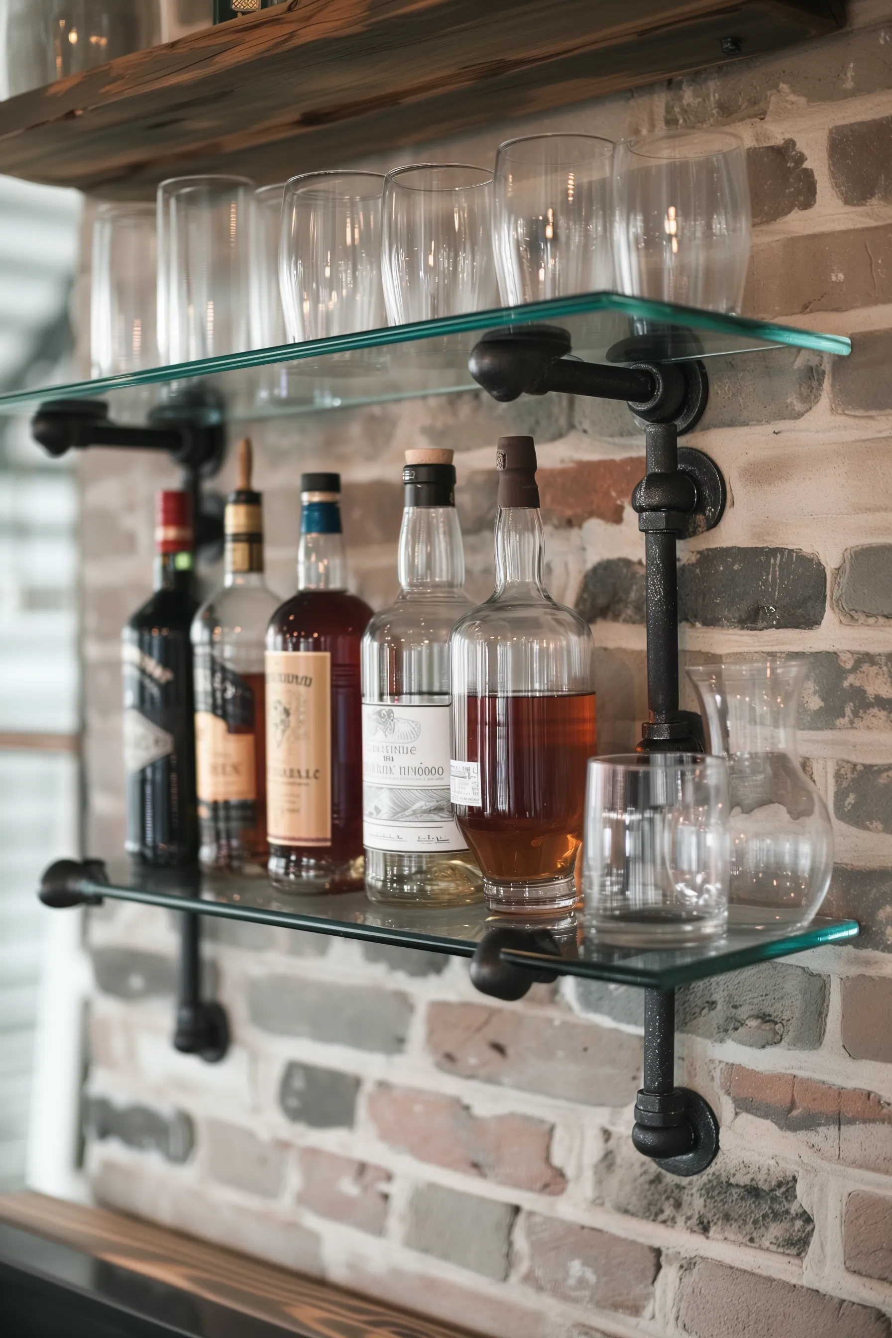 A metal and glass bar shelving unit