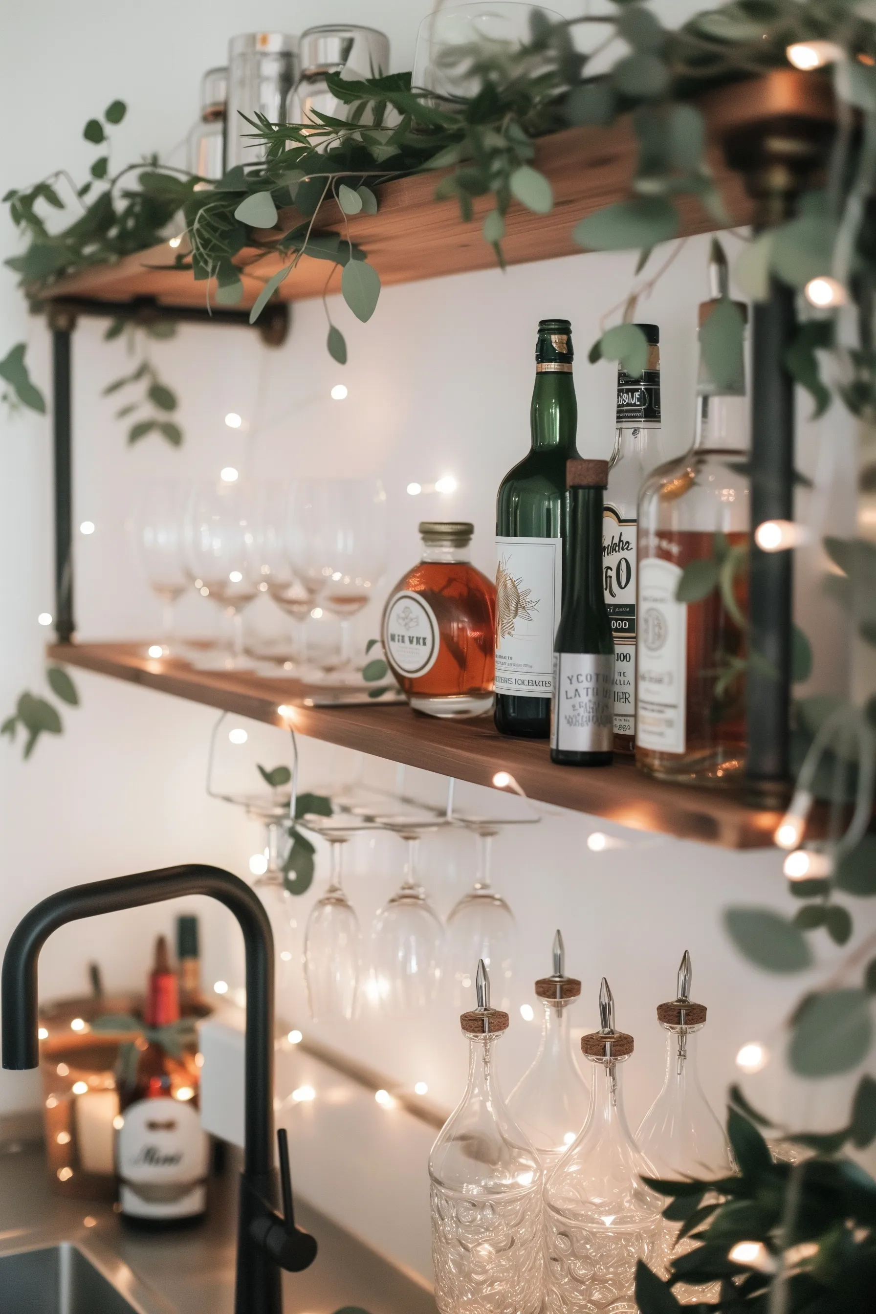 mini bar shelf with hanging glasses