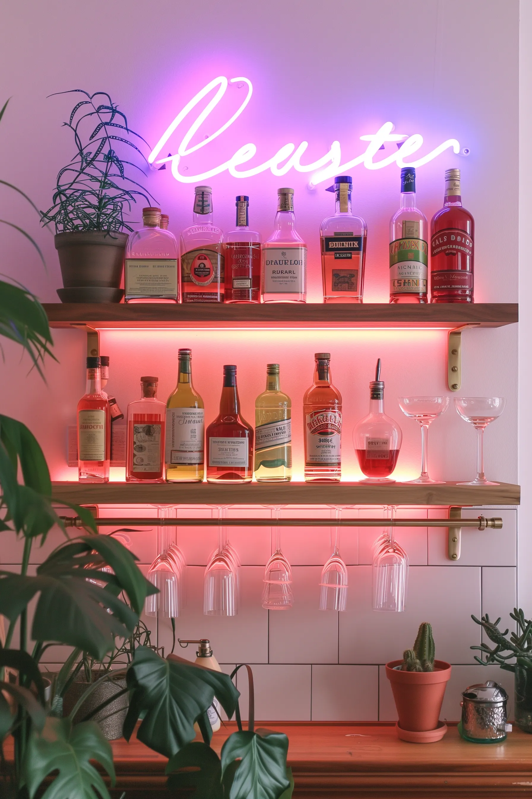 A neon bar shelf with hanging wine glasses