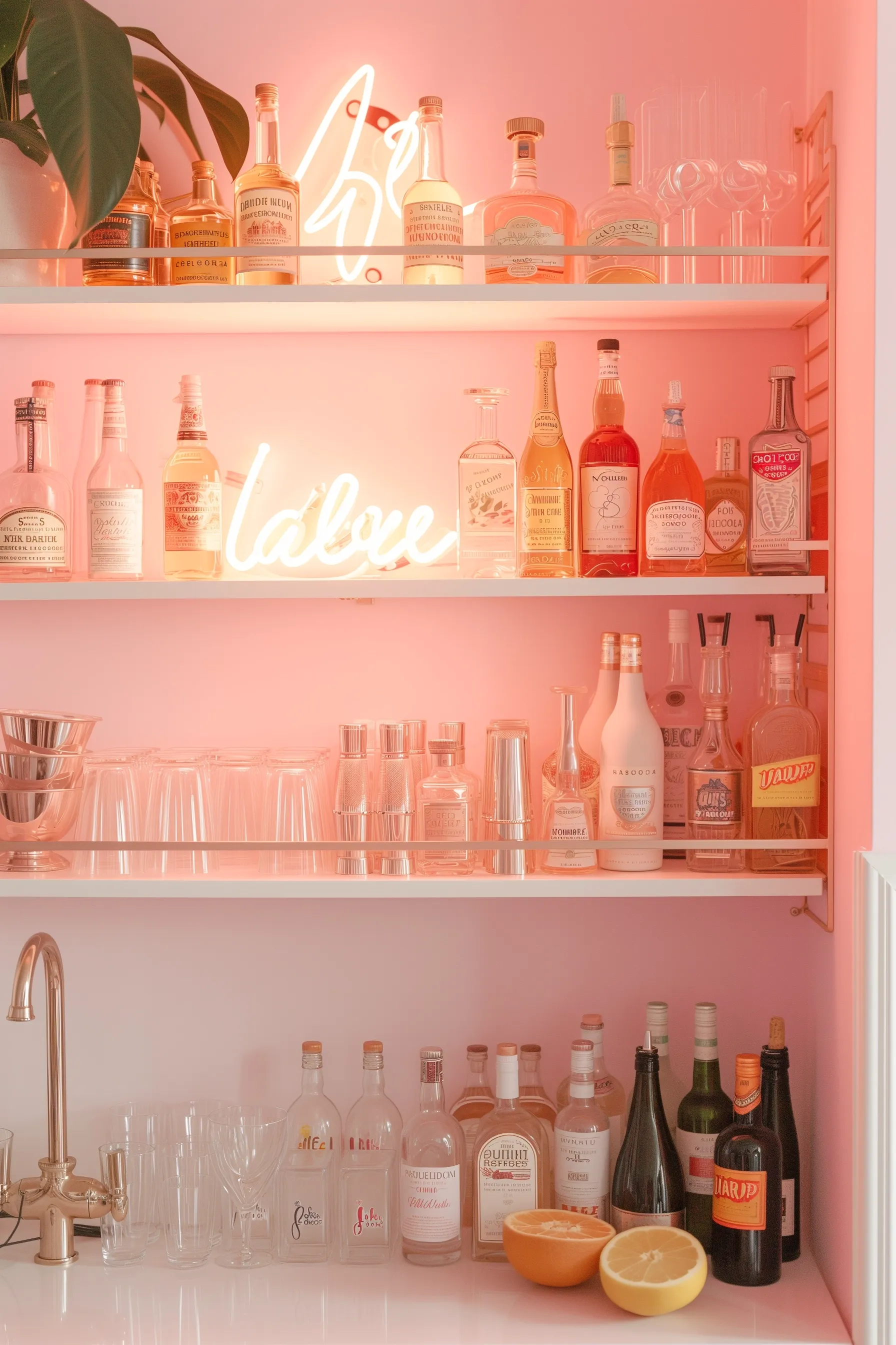 Pink and white bar shelves with a neon light