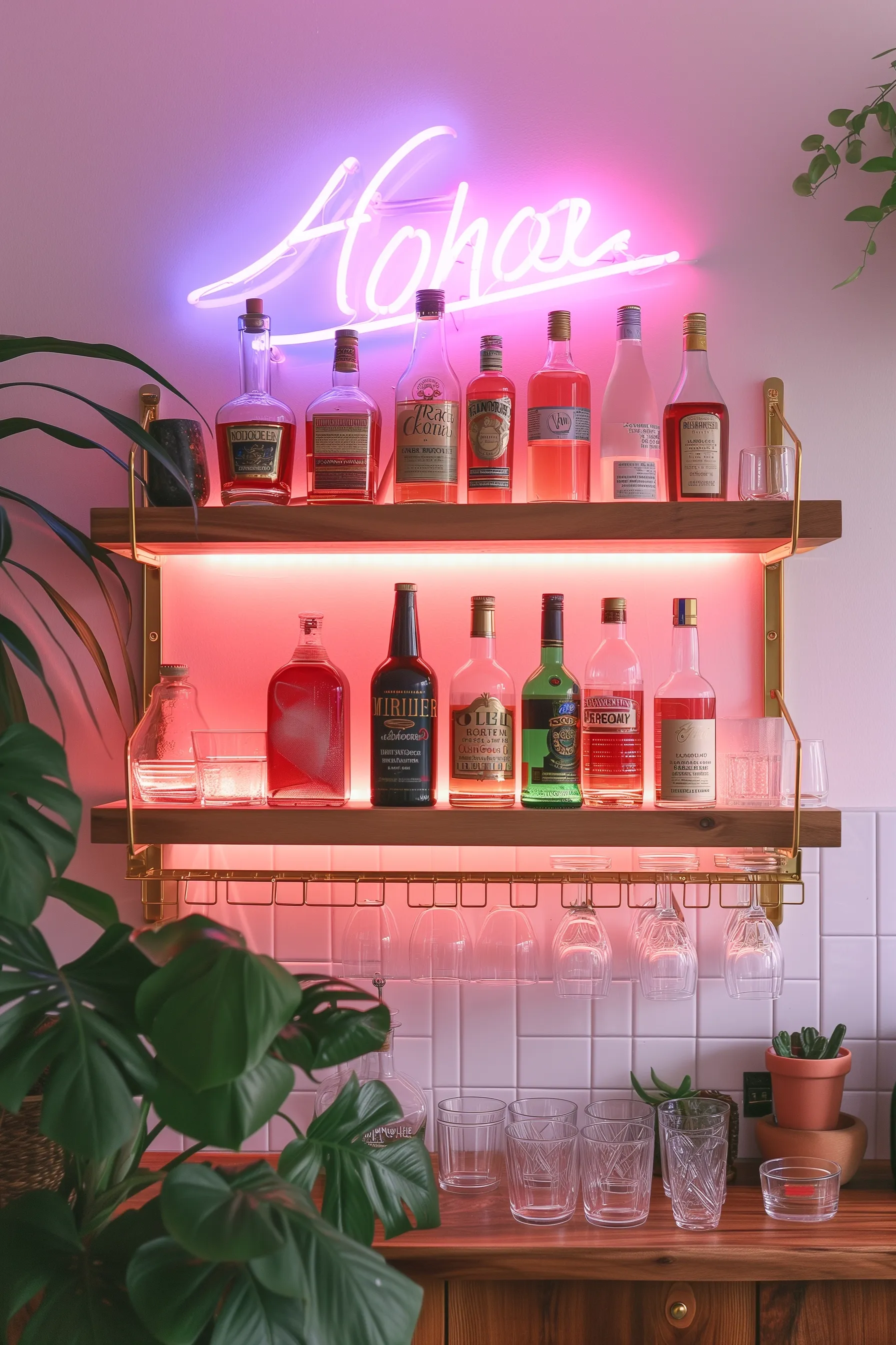 A neon light bar shelf