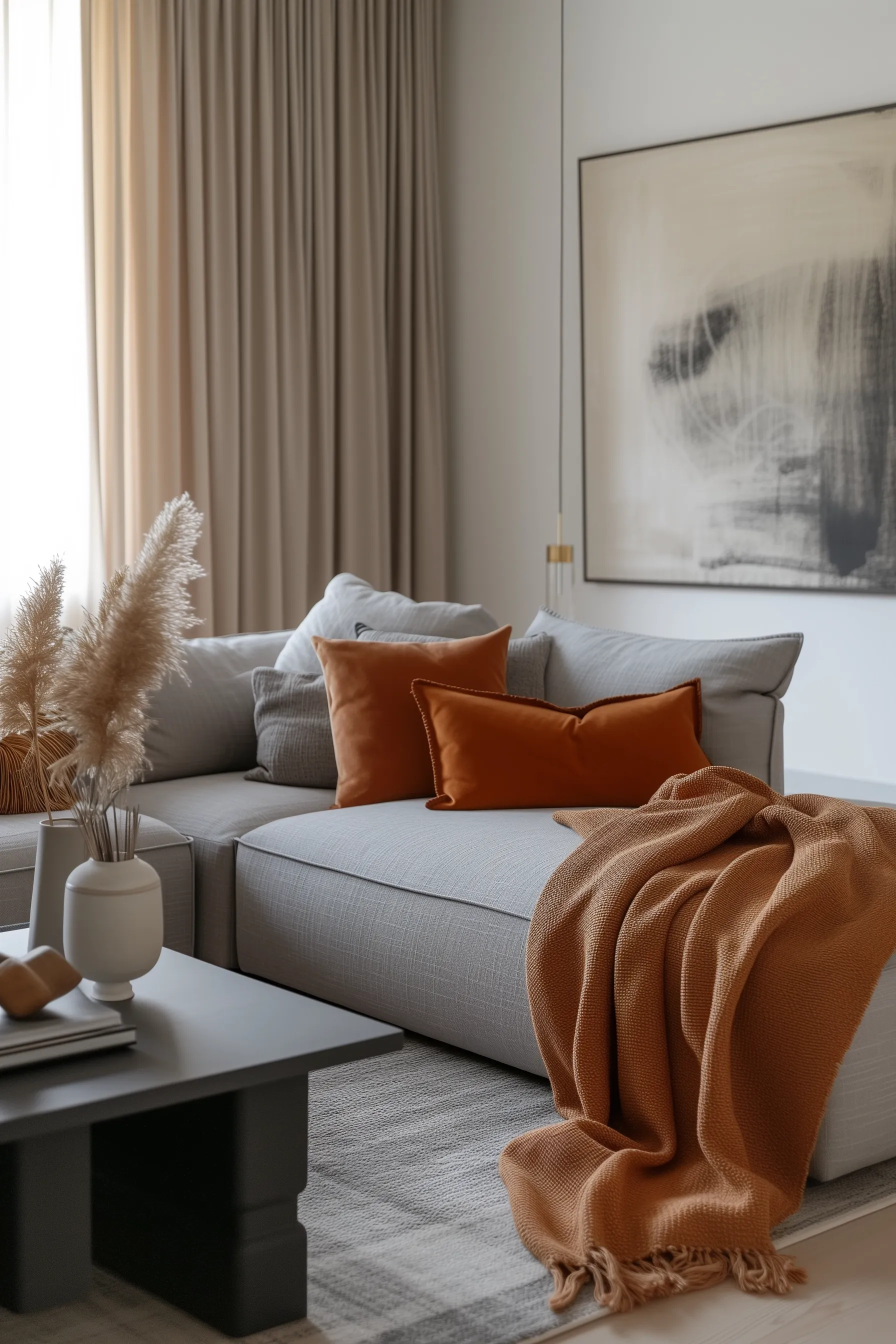 A white walled living room with pampas grass and a grey couch with orange