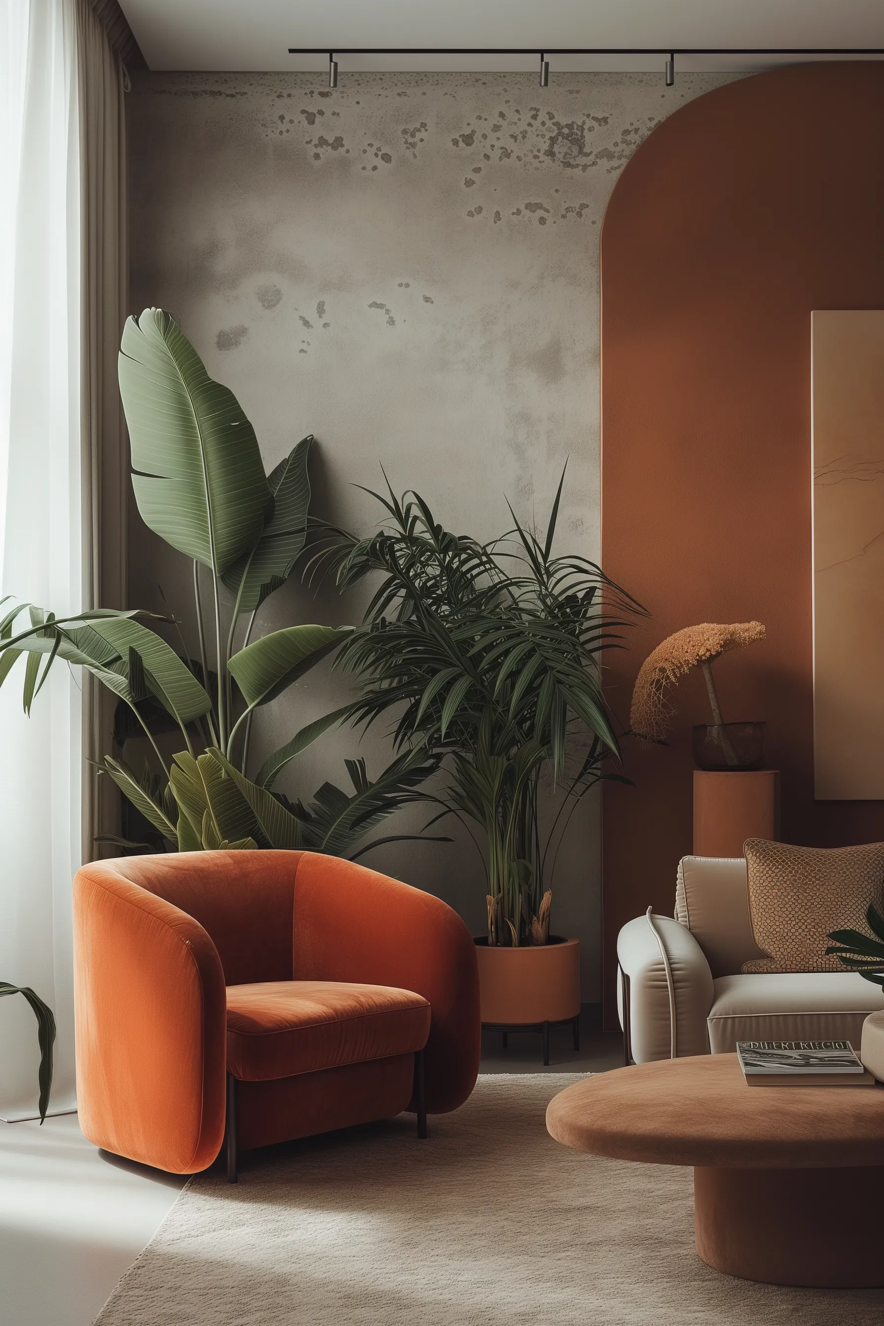 A living room with different textures and shades. There is a green rug, sage green walls, plants, brass, couches and a bar table