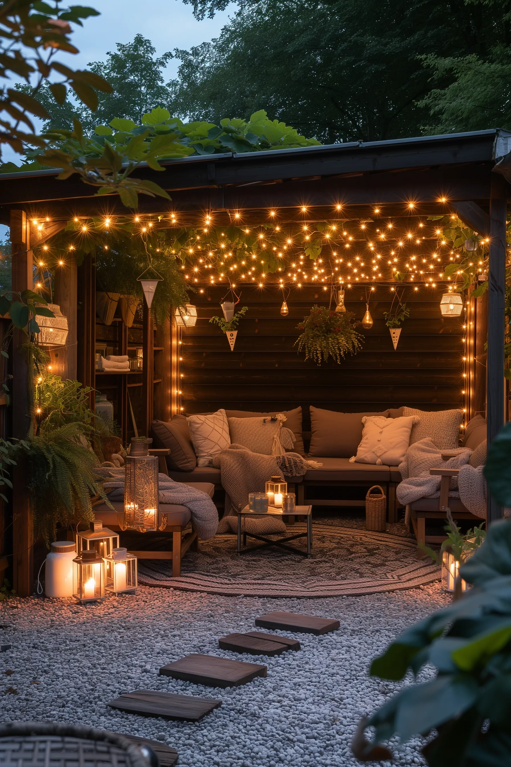 An outdoor man cave shed with fairy lights and lanterns