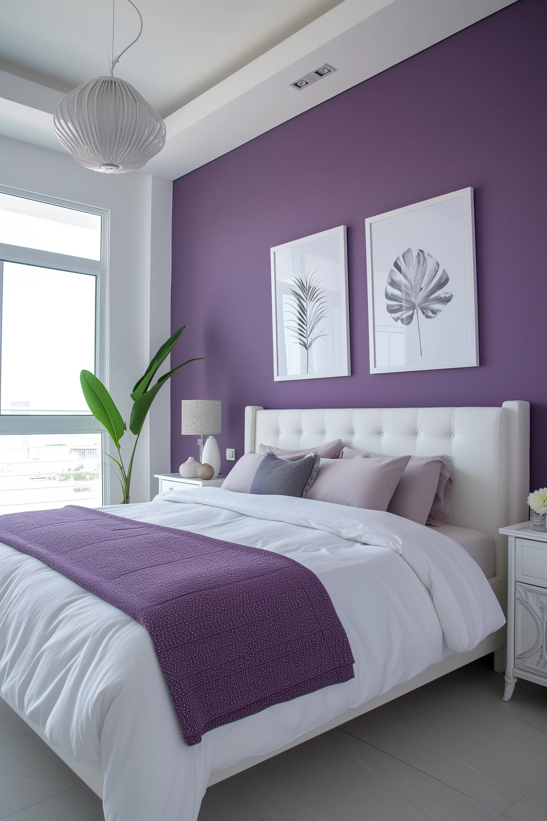 Purple and white bedroom with accent wall