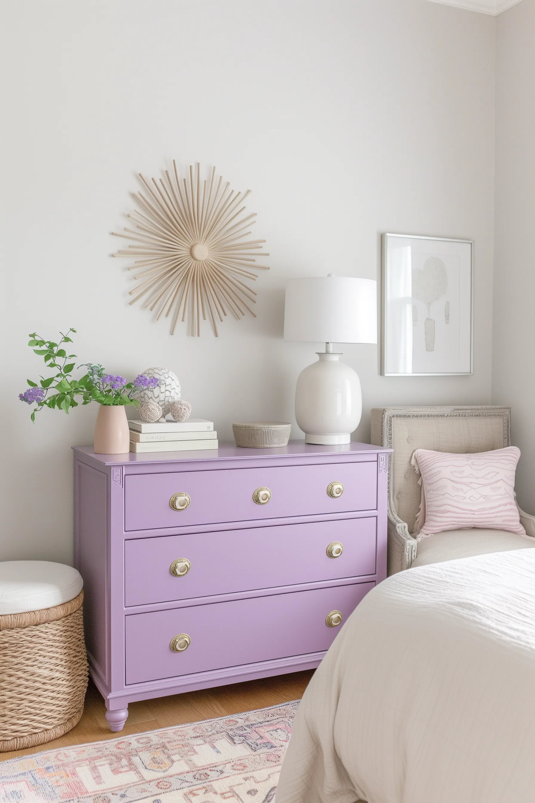 purple and white bedroom with dressing table