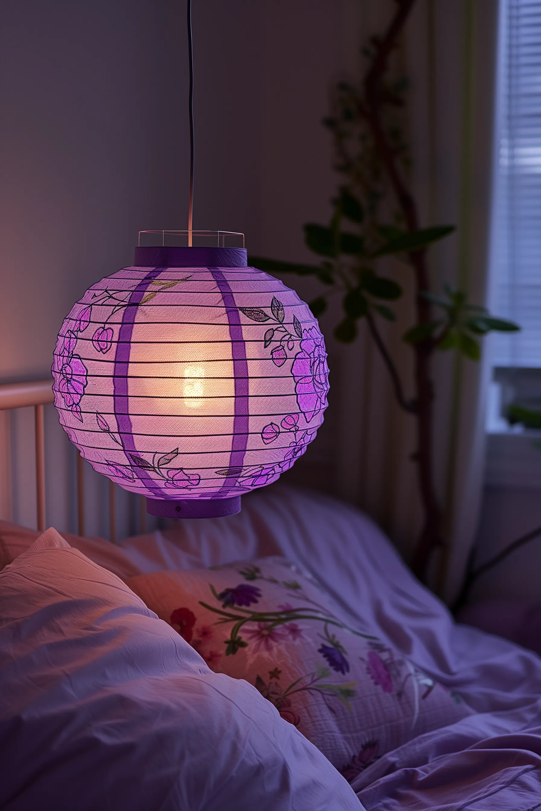purple and white bedroom with fairy lights and purple lantern