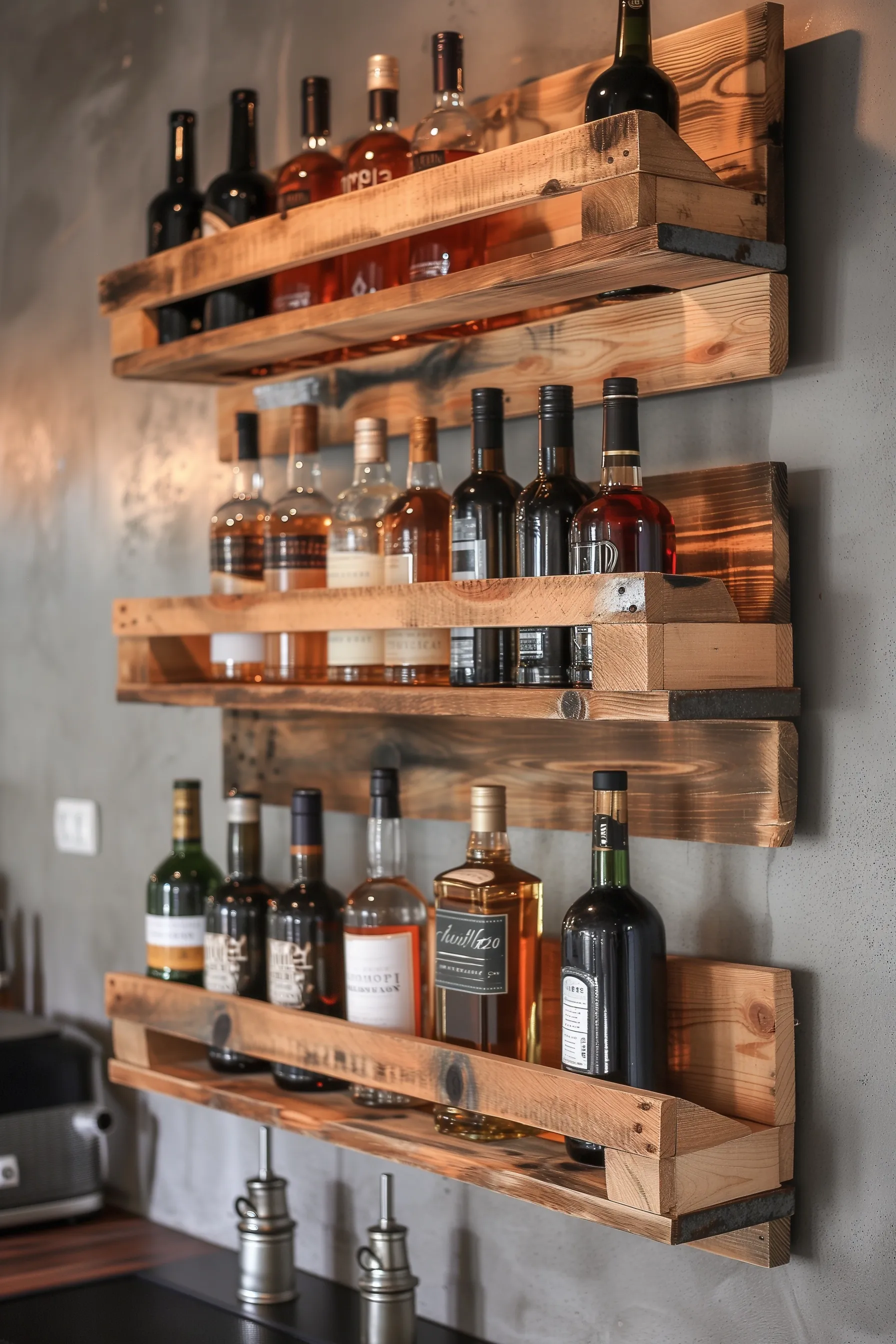 Rustic pallet bar shelves made out of pallets.