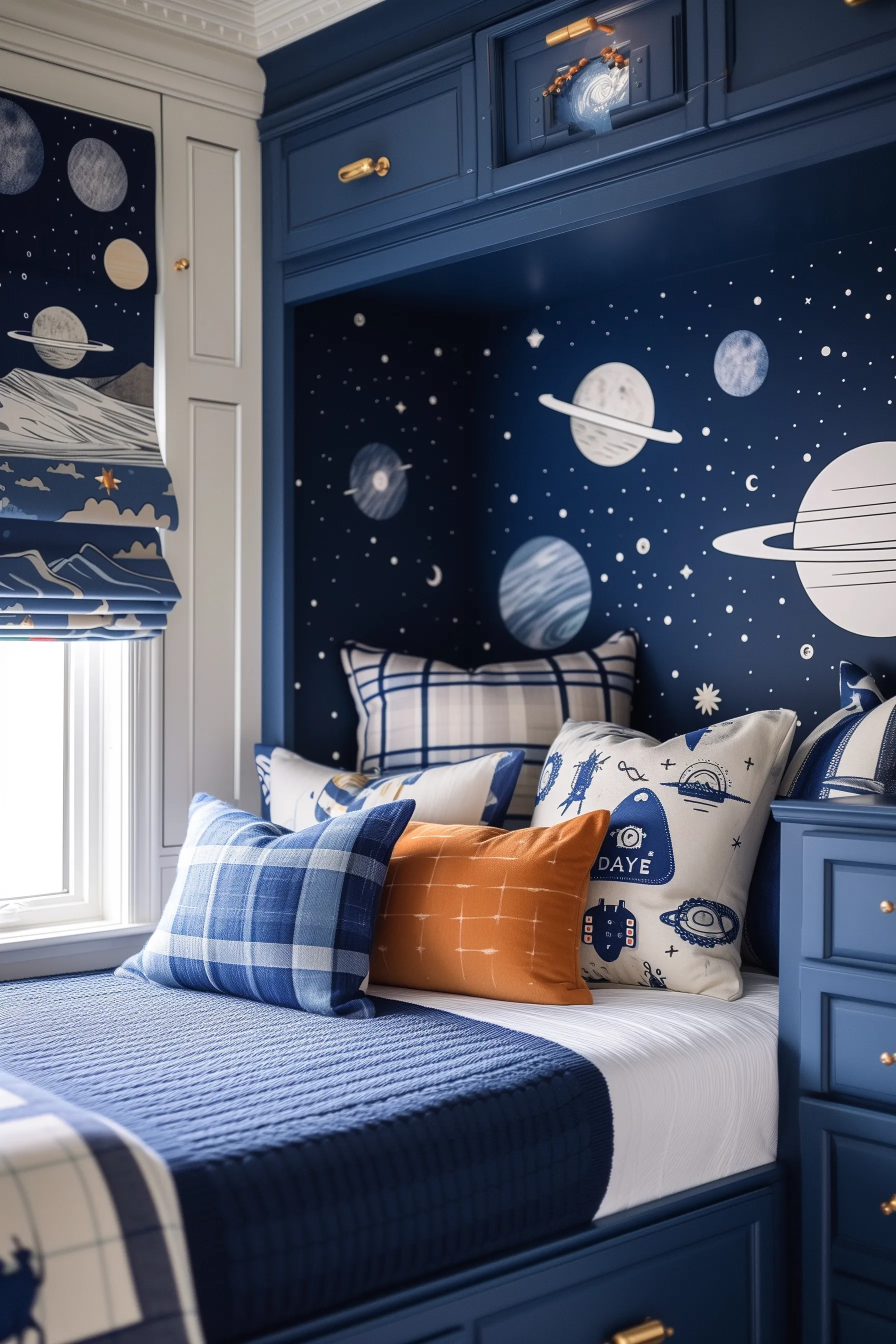 This space themed bedroom represents the true galaxy experience with images of the milky way and universe decorations