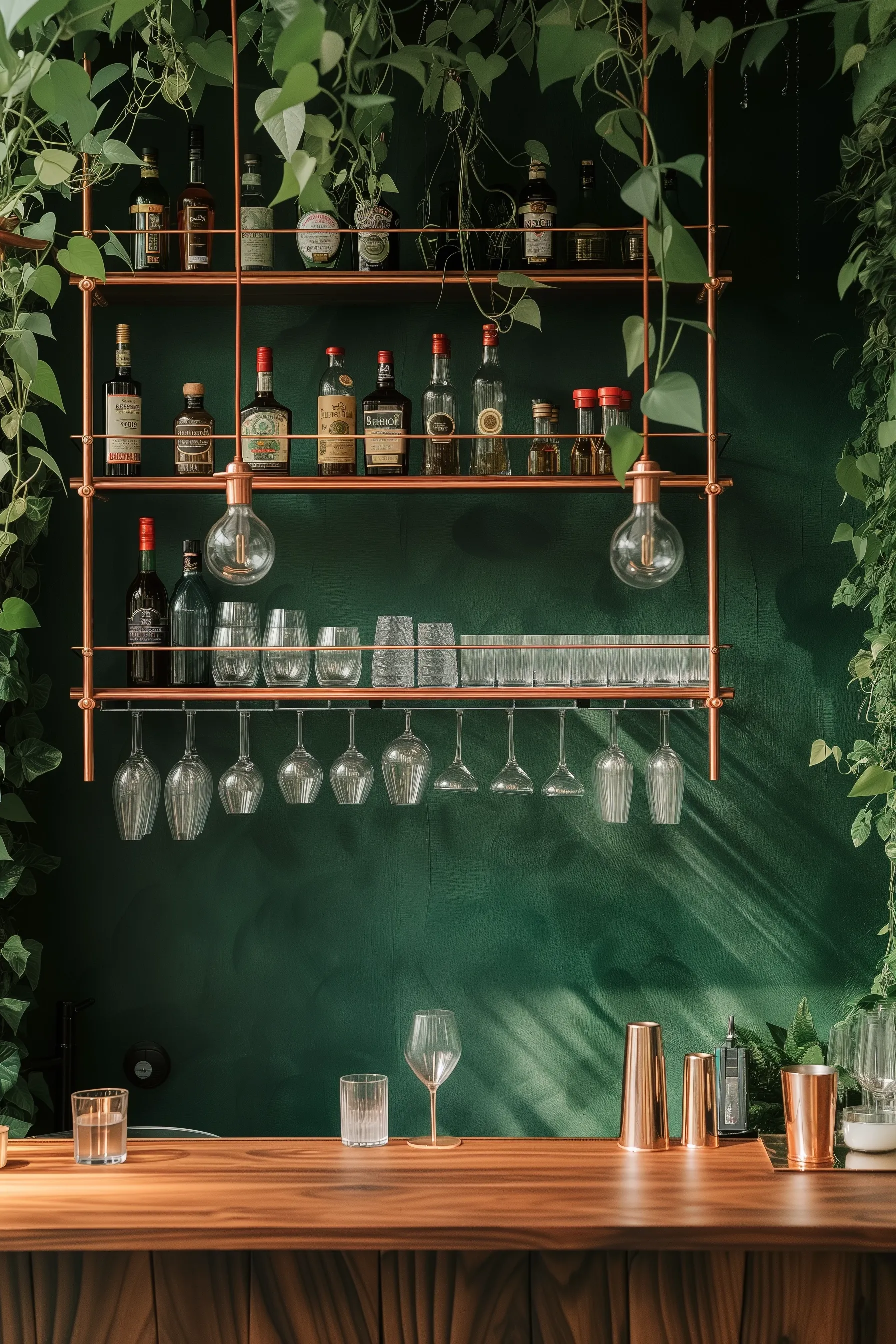 green and brass suspended bar shelves