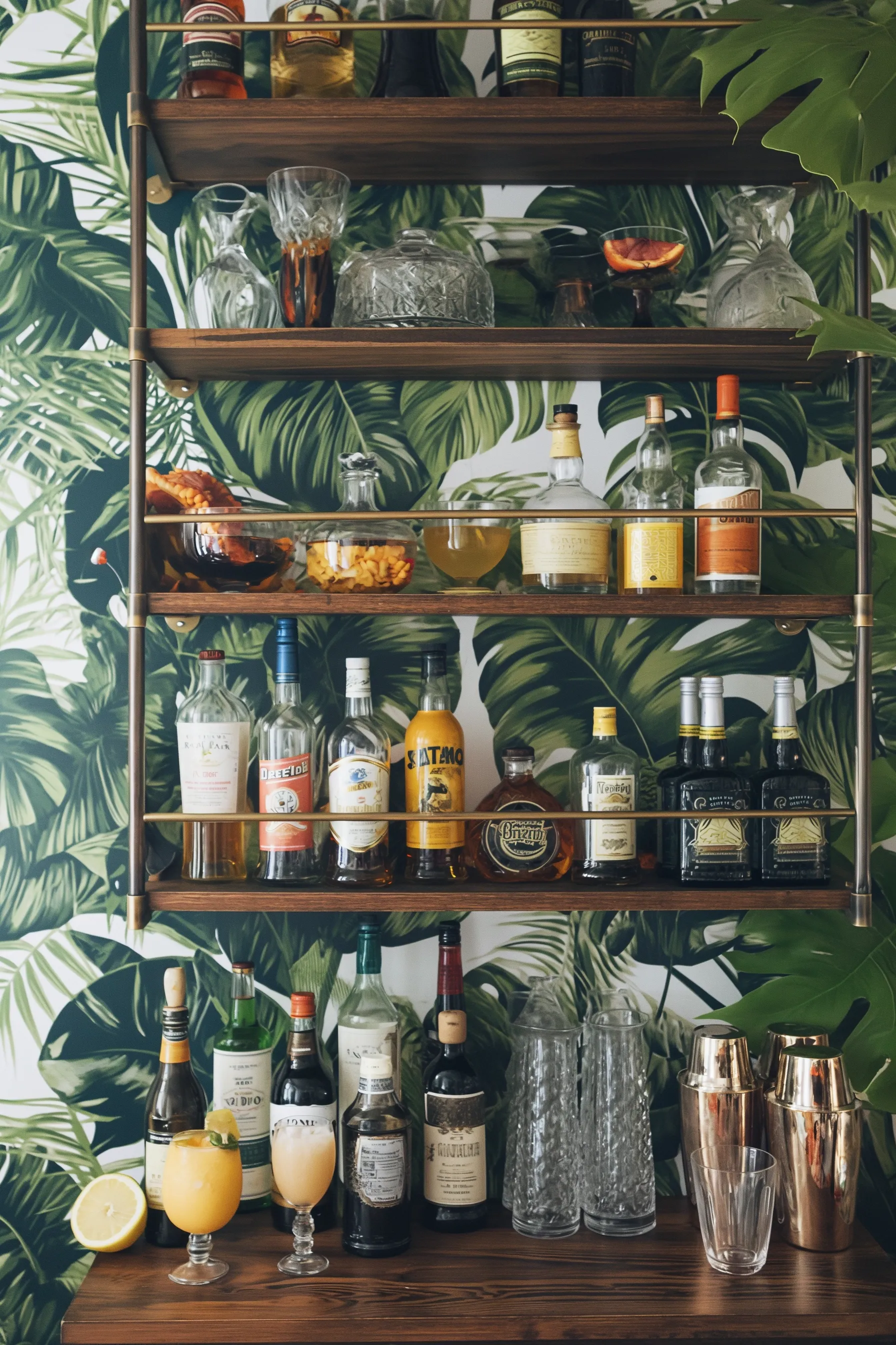 A tropical bar shelf with a leaf wallpaper