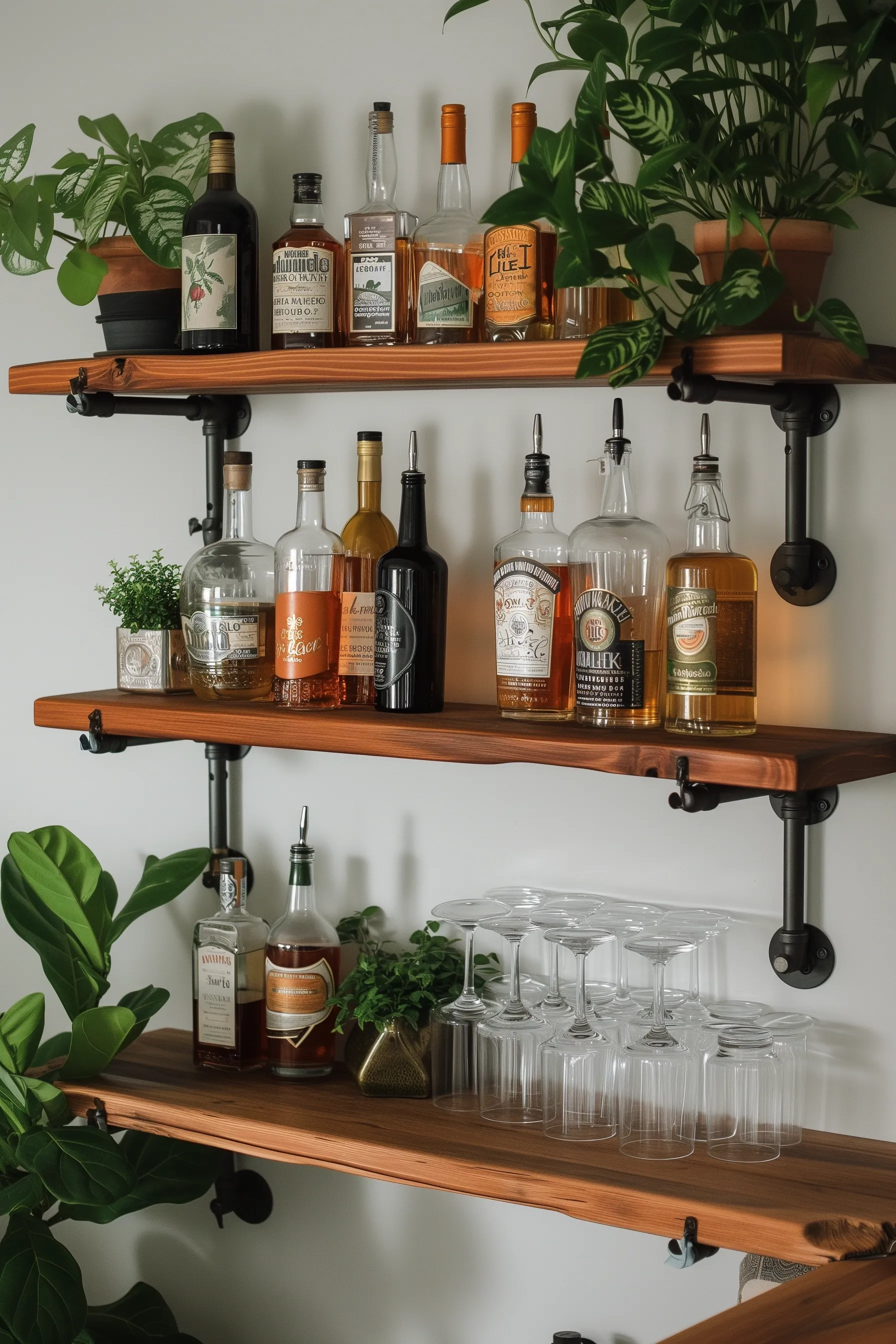 A Vintage Bar Shelf with wood and glasses