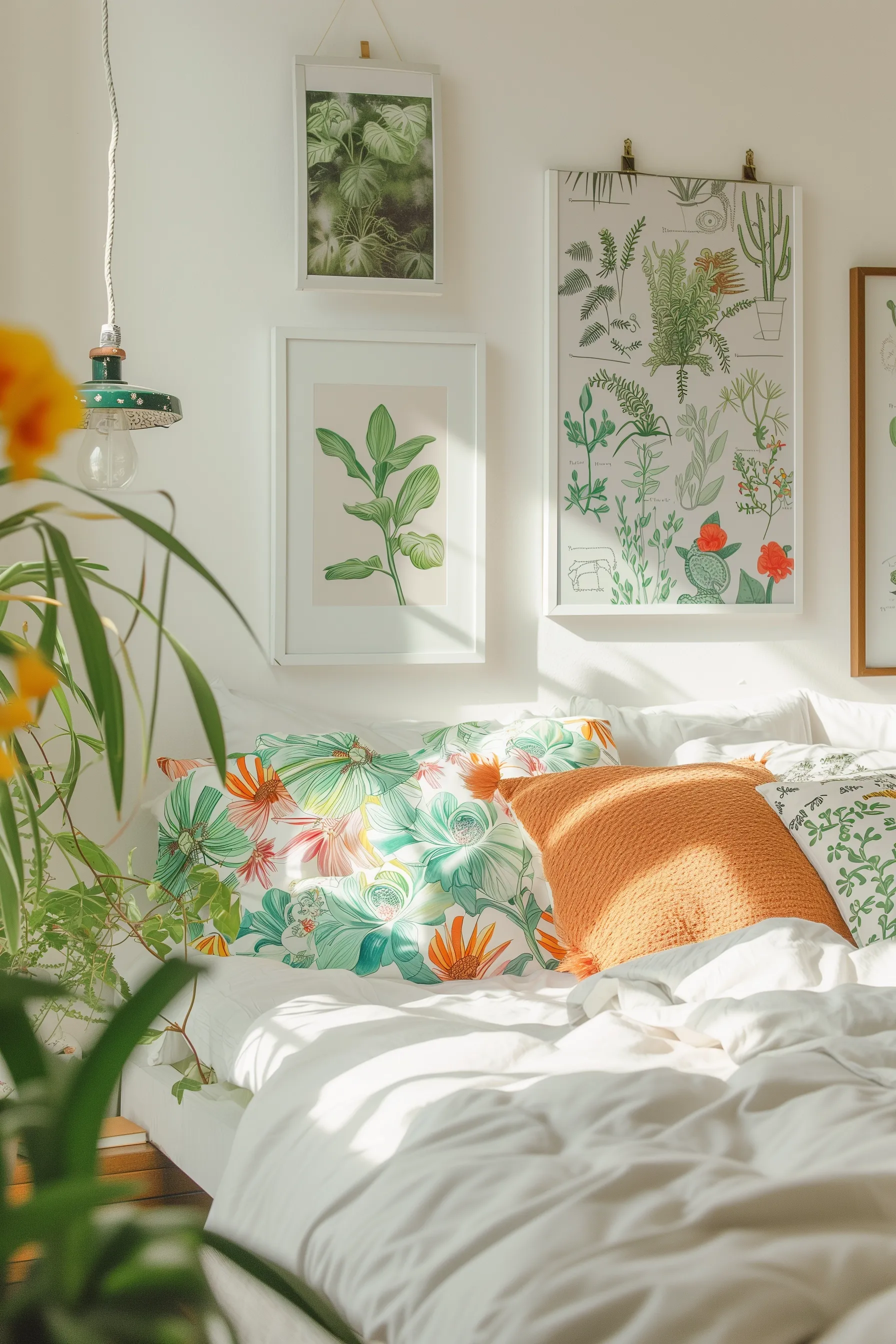 throw pillows on bed with plant artwork